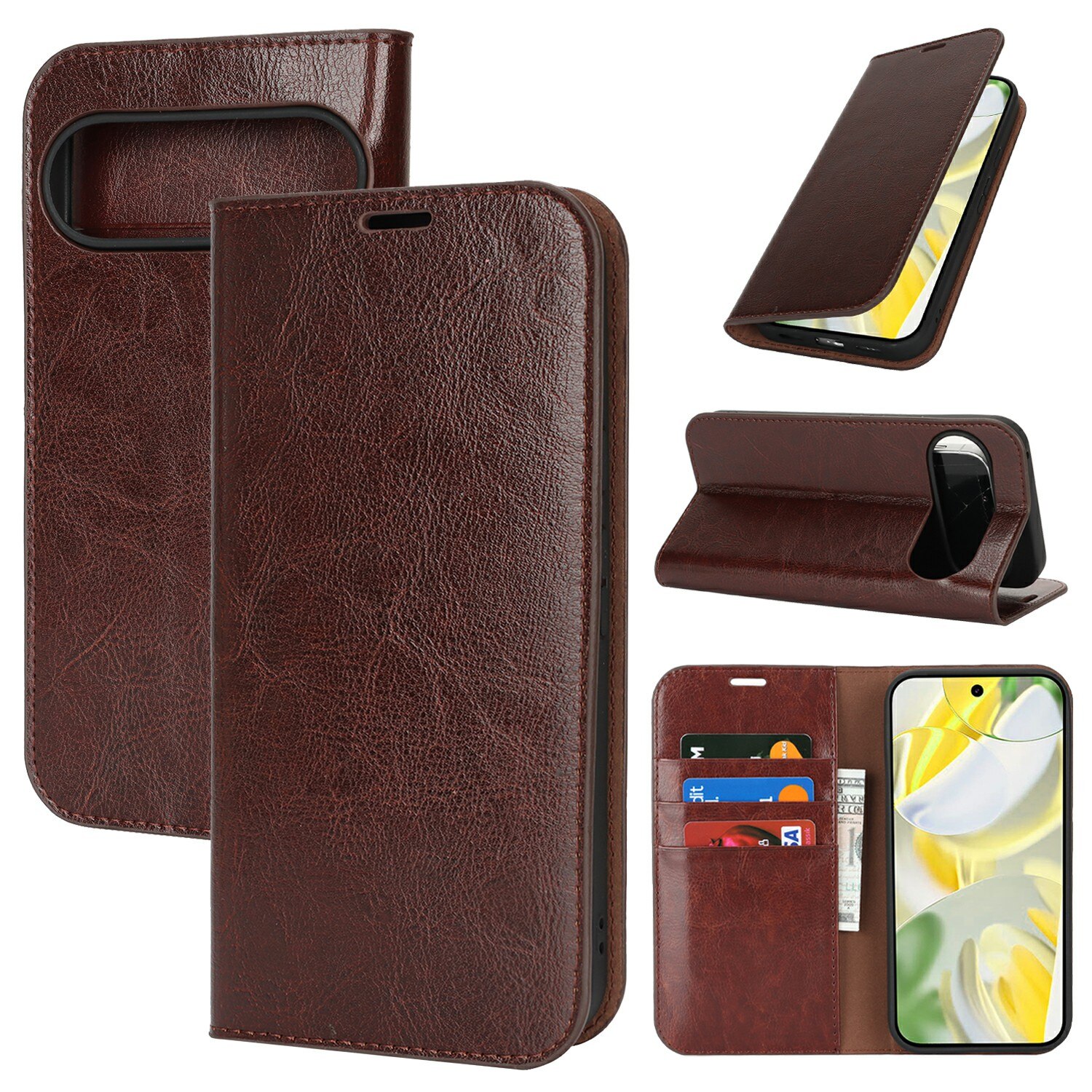 Google Pixel 10 Pro XL Genuine Leather Wallet Case Dark Brown