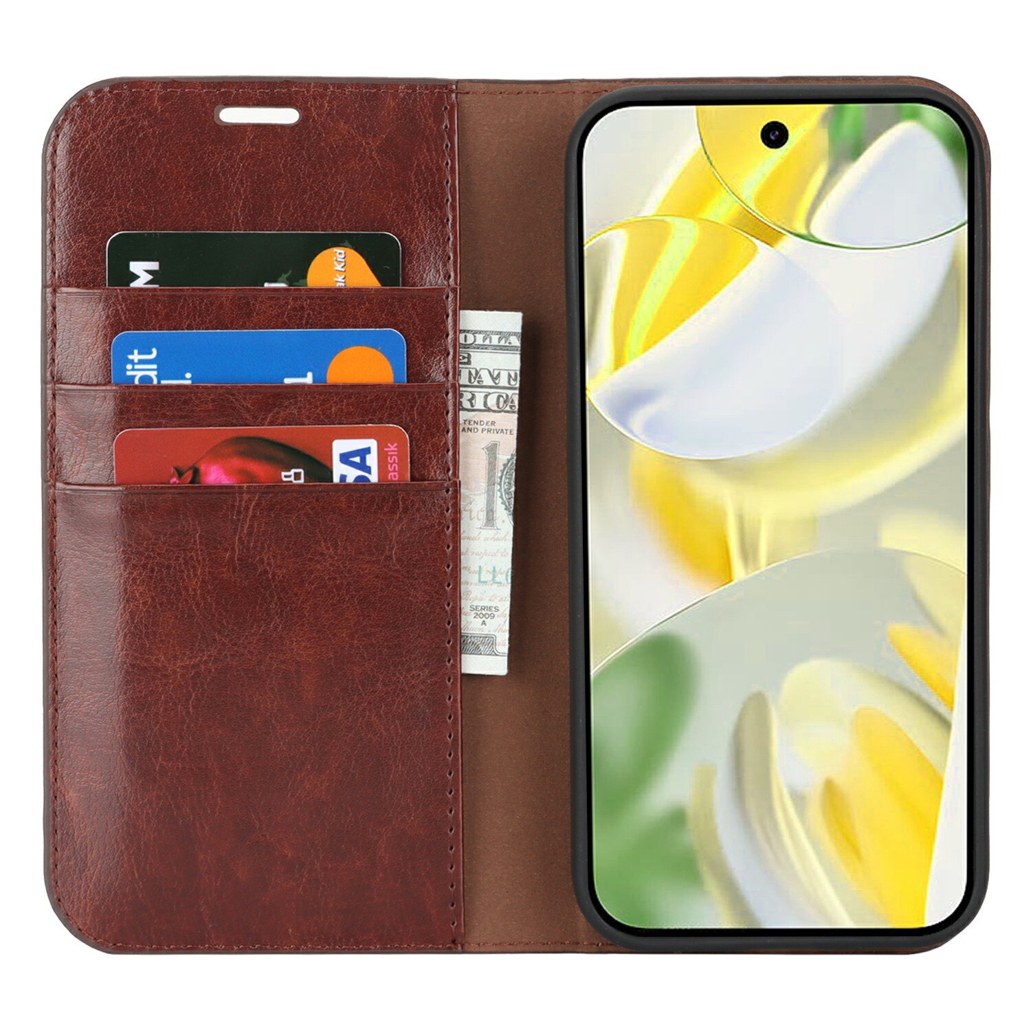 Google Pixel 10 Pro XL Genuine Leather Wallet Case Dark Brown