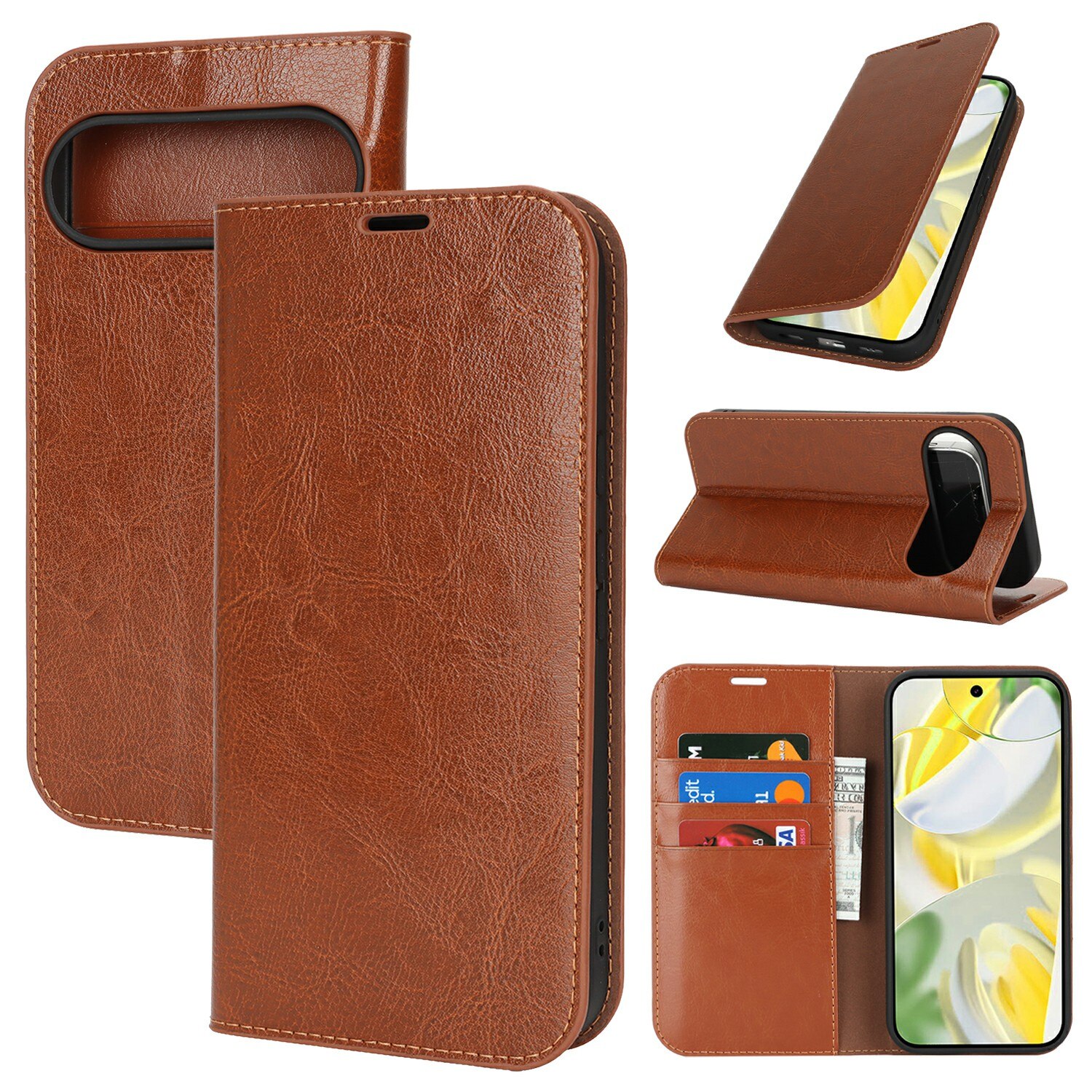 Google Pixel 10 Pro XL Genuine Leather Wallet Case Brown