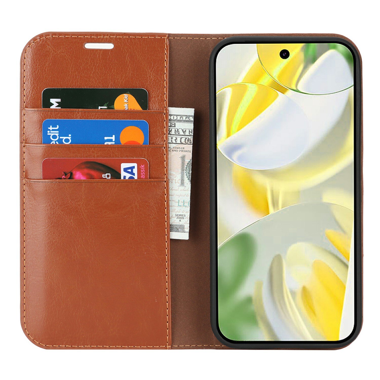 Google Pixel 10 Pro XL Genuine Leather Wallet Case Brown
