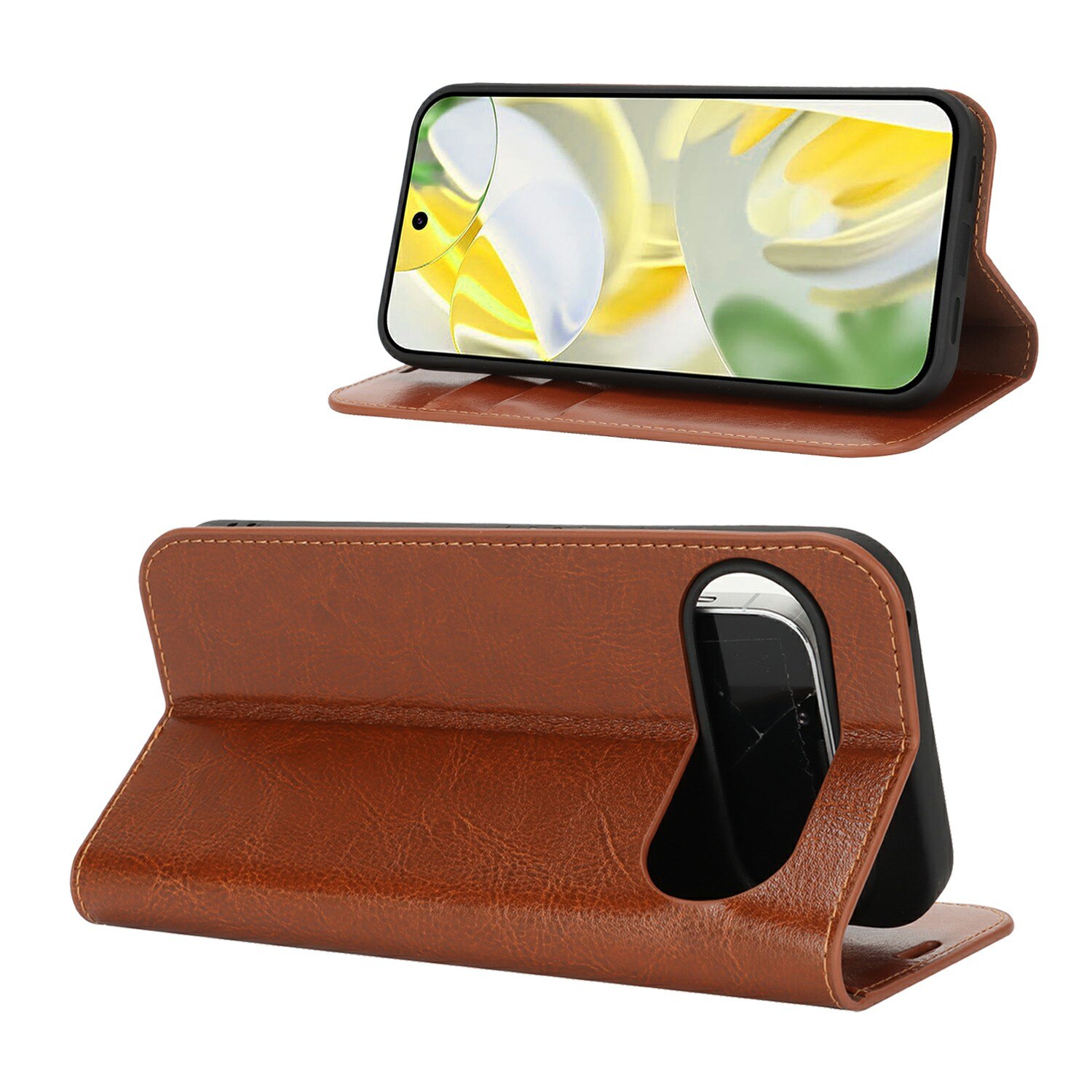 Google Pixel 10 Pro XL Genuine Leather Wallet Case Brown