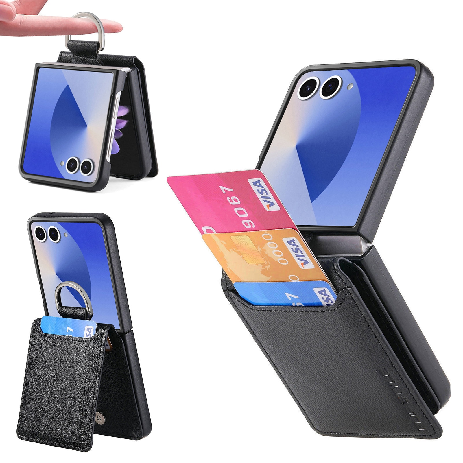 Samsung Galaxy Z Flip 7 Case with Ring Holder + Card Slot Black
