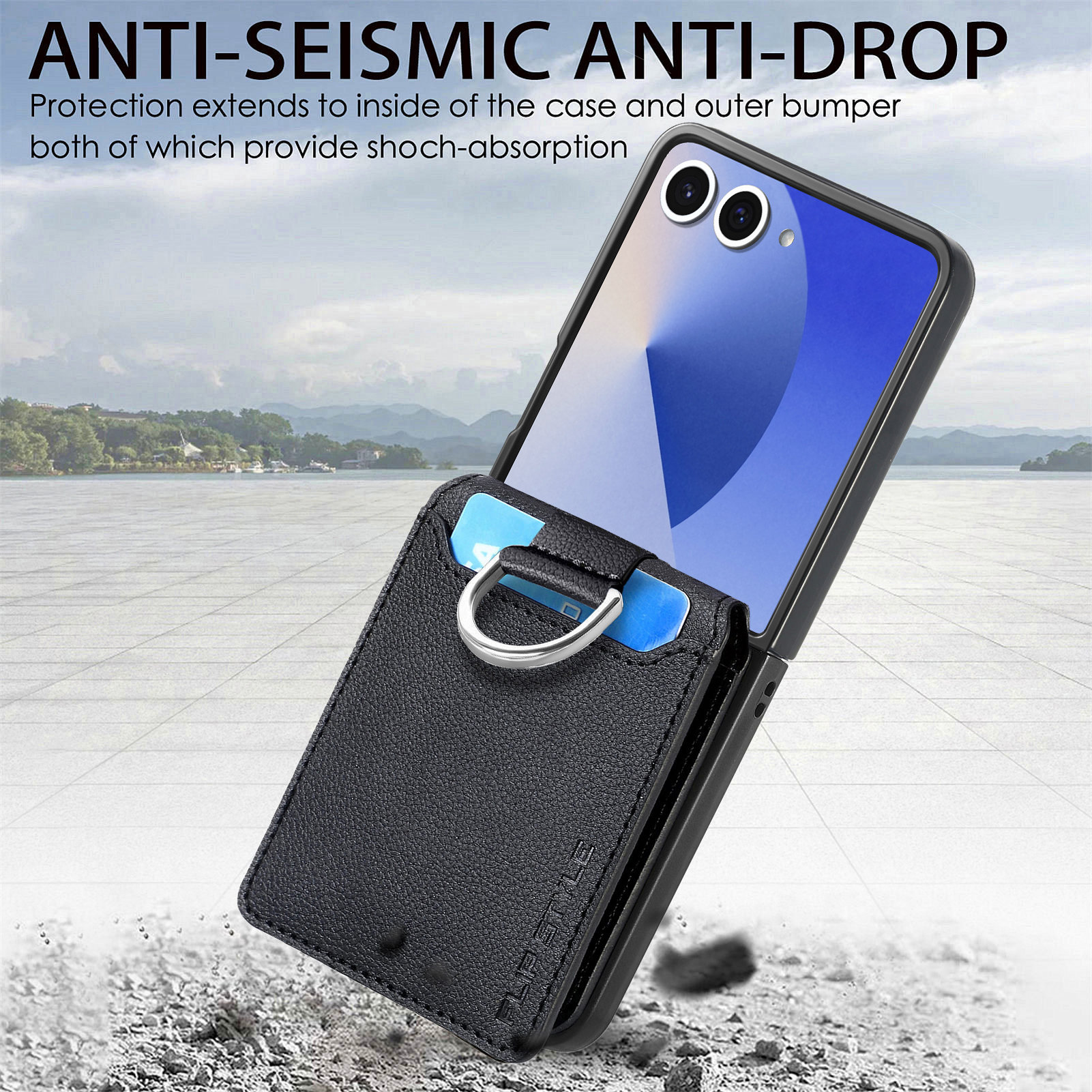 Samsung Galaxy Z Flip 7 Case with Ring Holder + Card Slot Black