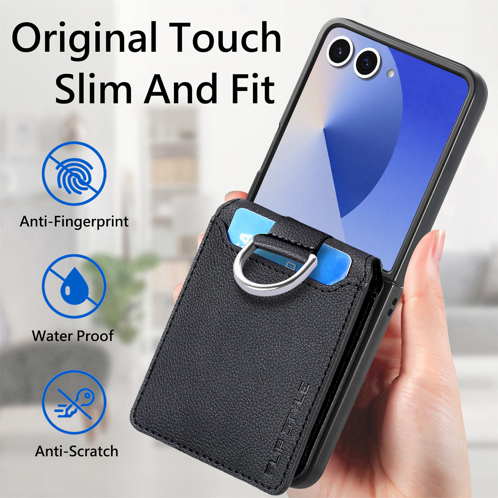 Samsung Galaxy Z Flip 7 Case with Ring Holder + Card Slot Black