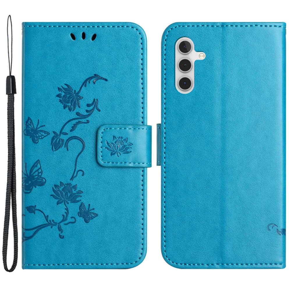 Samsung Galaxy A14 Leather Cover Imprinted Butterflies Blue
