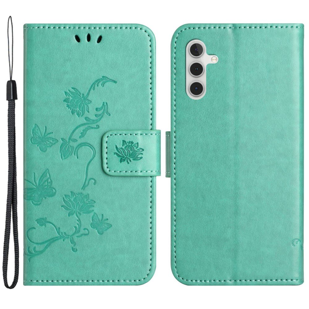 Samsung Galaxy A14 Leather Cover Imprinted Butterflies Green