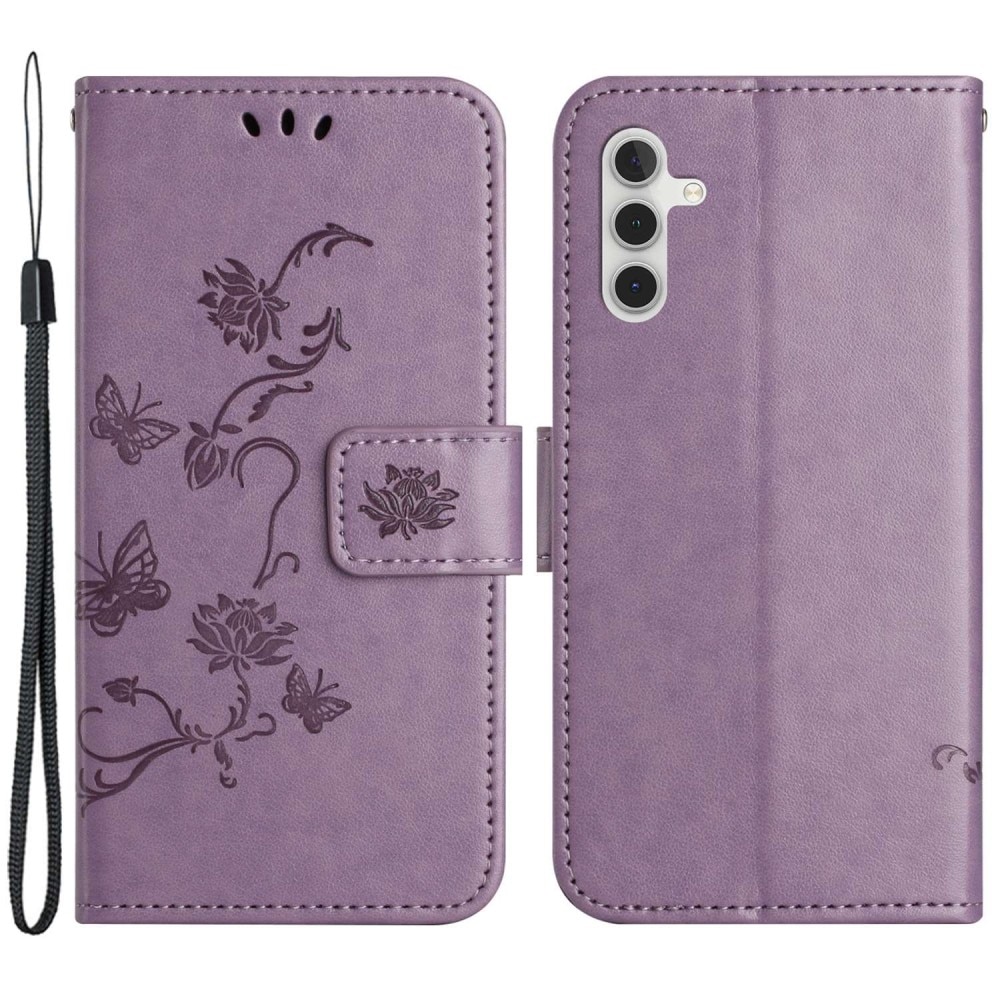 Samsung Galaxy A14 Leather Cover Imprinted Butterflies Purple