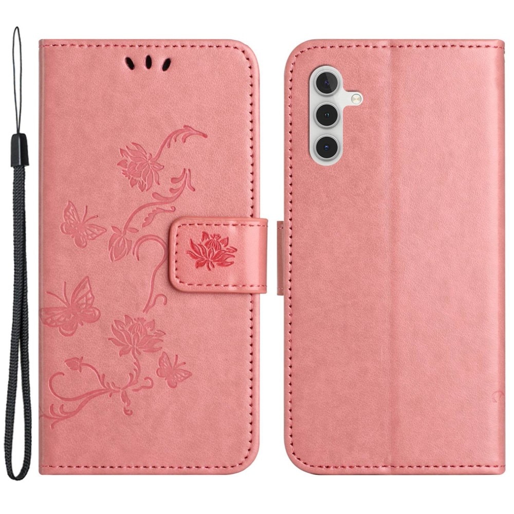Samsung Galaxy A14 Leather Cover Imprinted Butterflies Pink
