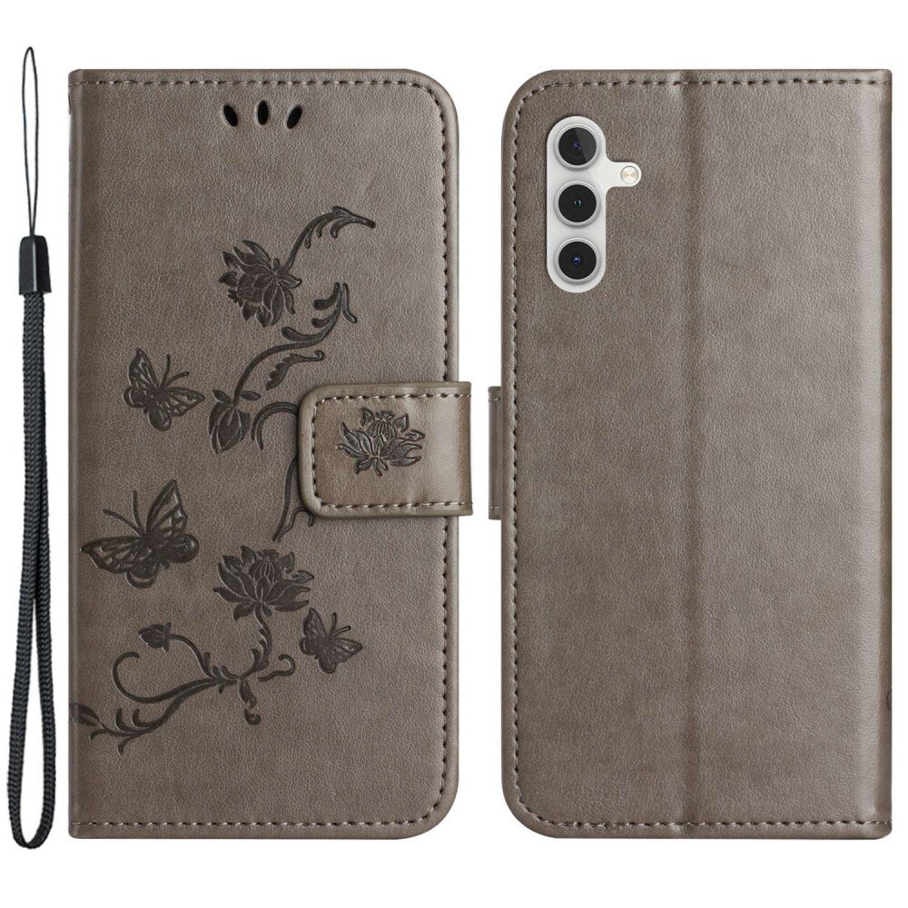 Samsung Galaxy A14 Leather Cover Imprinted Butterflies Grey
