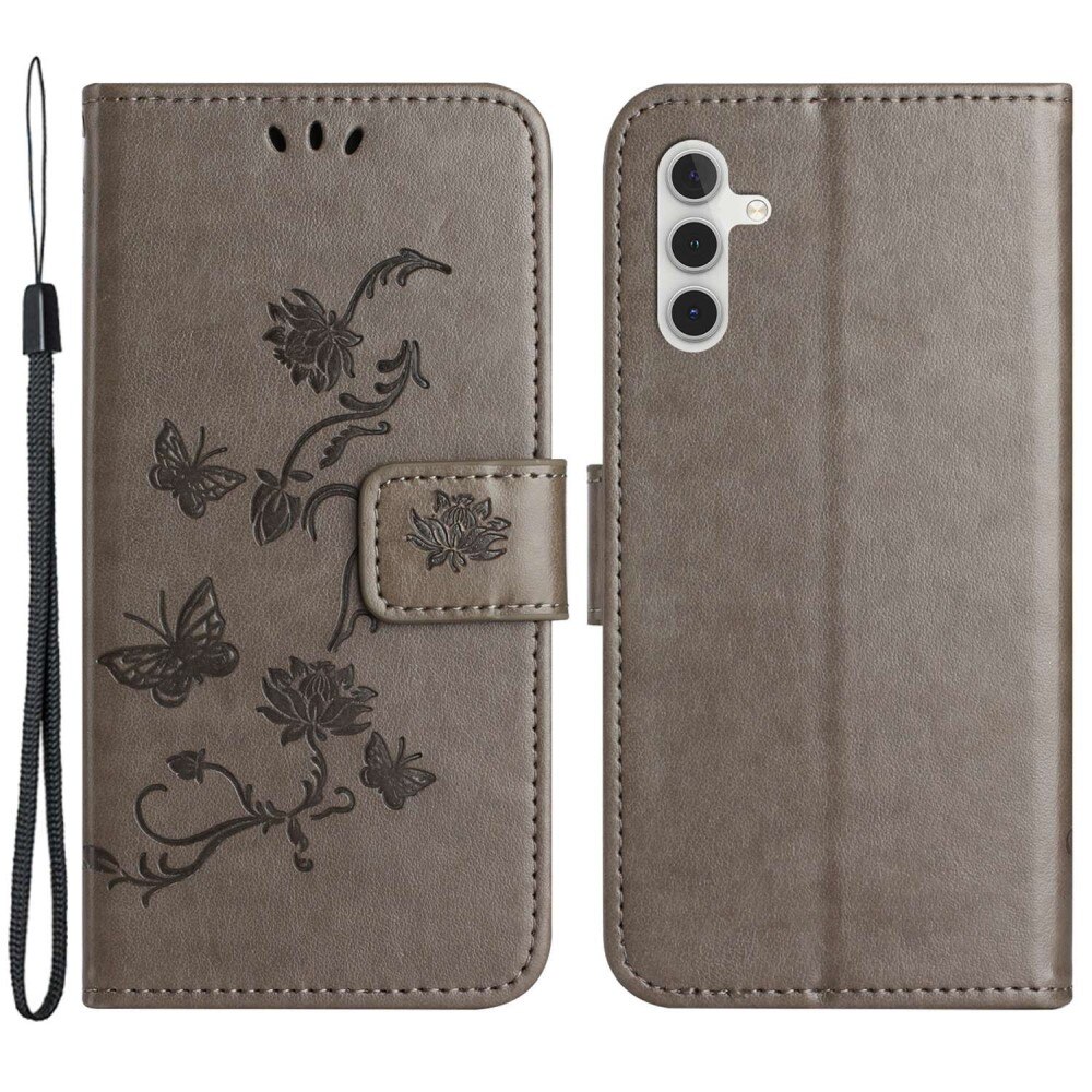 Samsung Galaxy A14 Leather Cover Imprinted Butterflies Grey