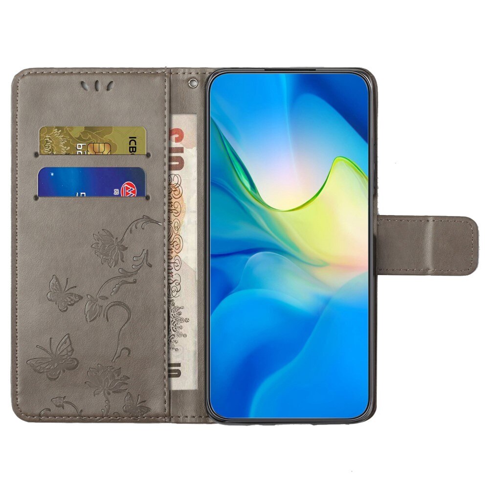 Samsung Galaxy A14 Leather Cover Imprinted Butterflies Grey