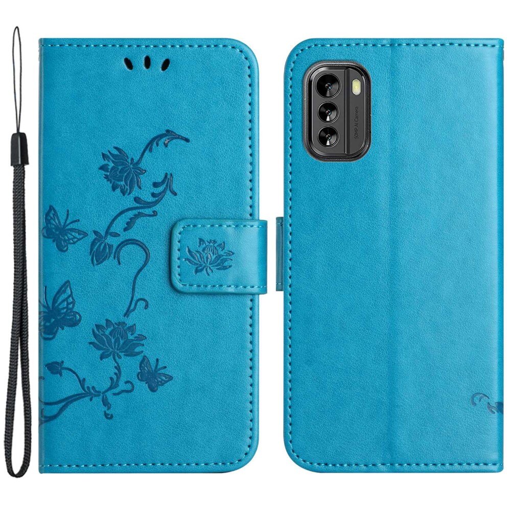 Nokia G60 Leather Cover Imprinted Butterflies Blue