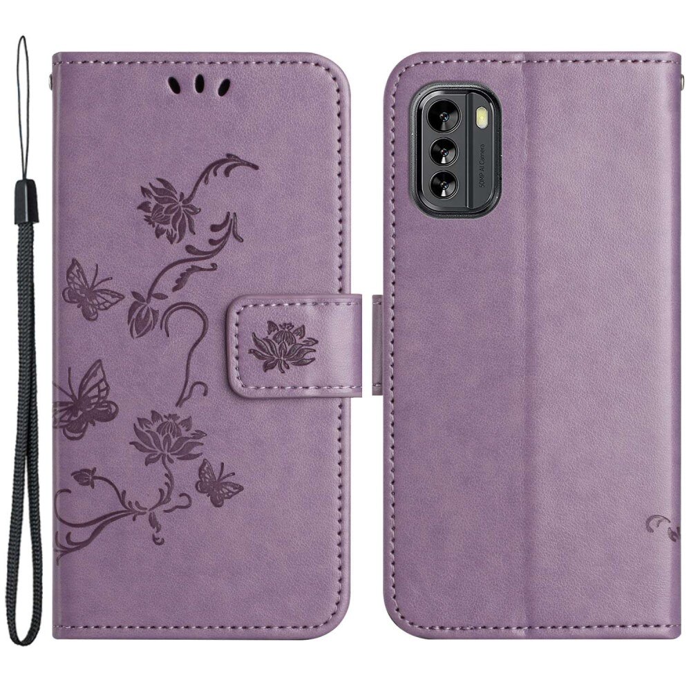 Nokia G60 Leather Cover Imprinted Butterflies Purple