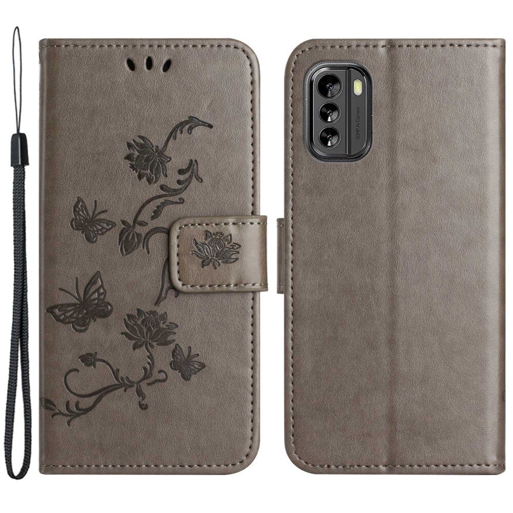 Nokia G60 Leather Cover Imprinted Butterflies Grey