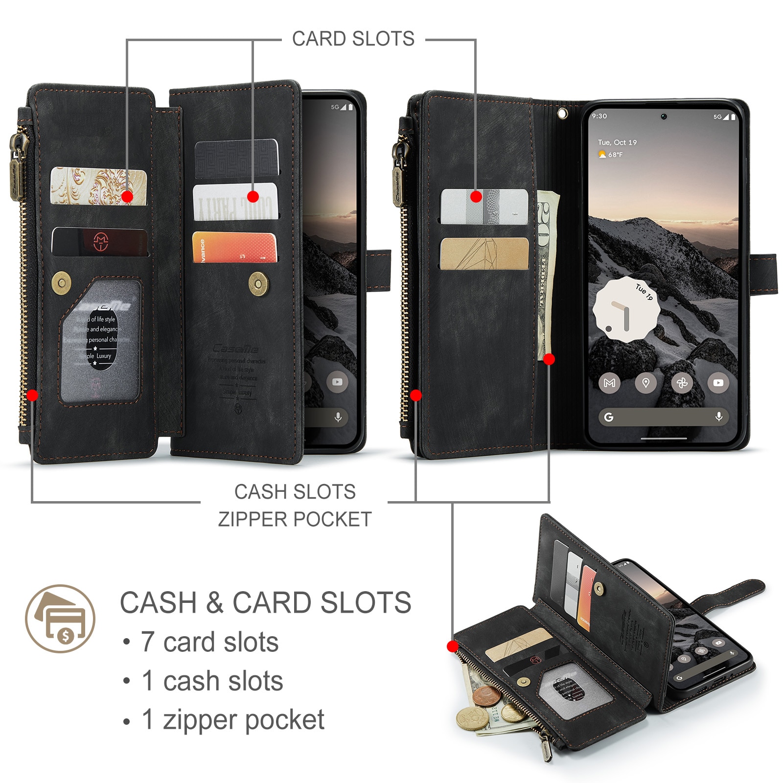 Google Pixel 10 Zipper Wallet Book Cover Black
