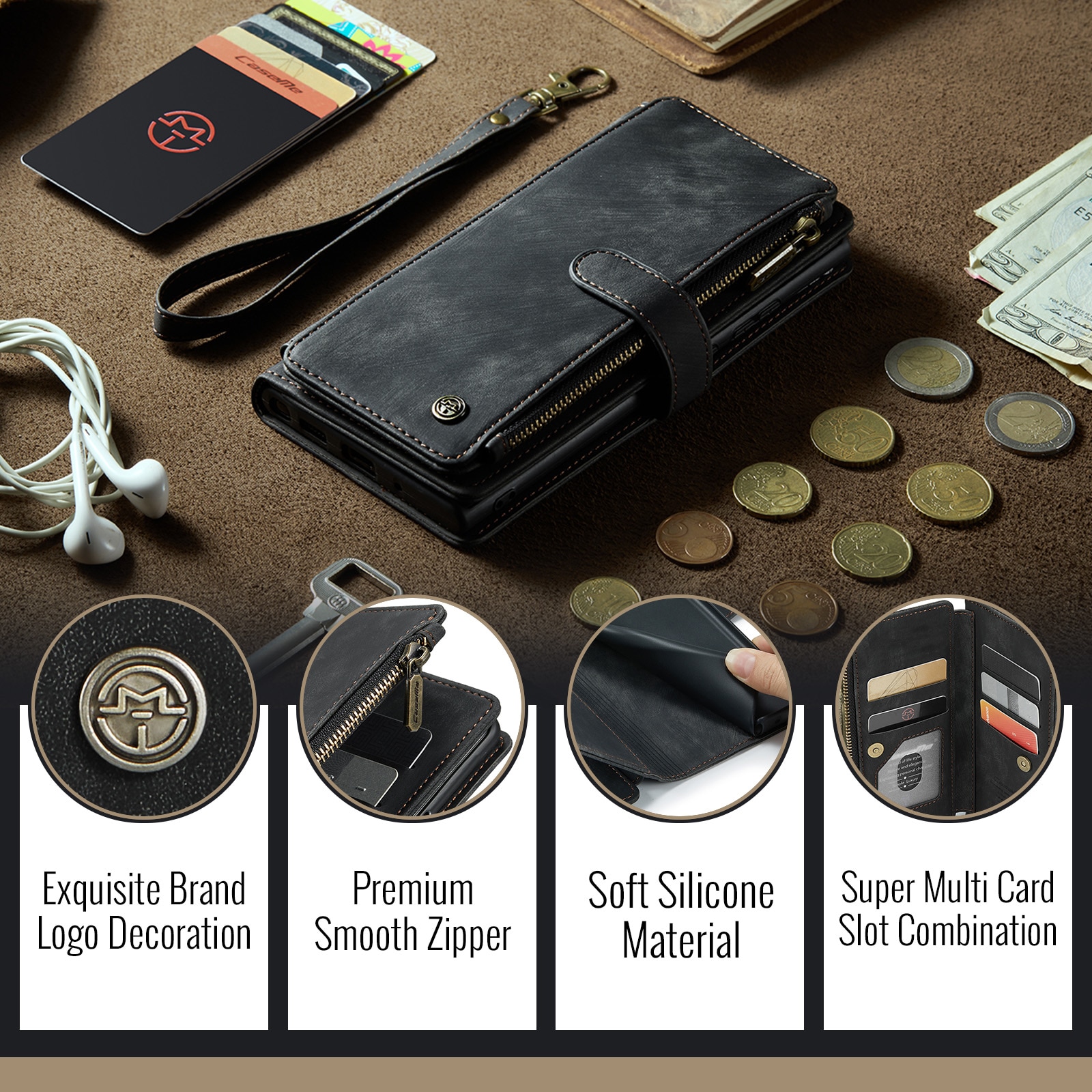 Google Pixel 10 Zipper Wallet Book Cover Black