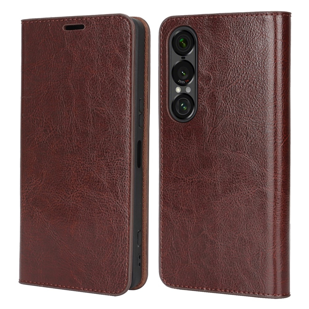 Sony Xperia 1 VII Genuine Leather Wallet Case Dark Brown