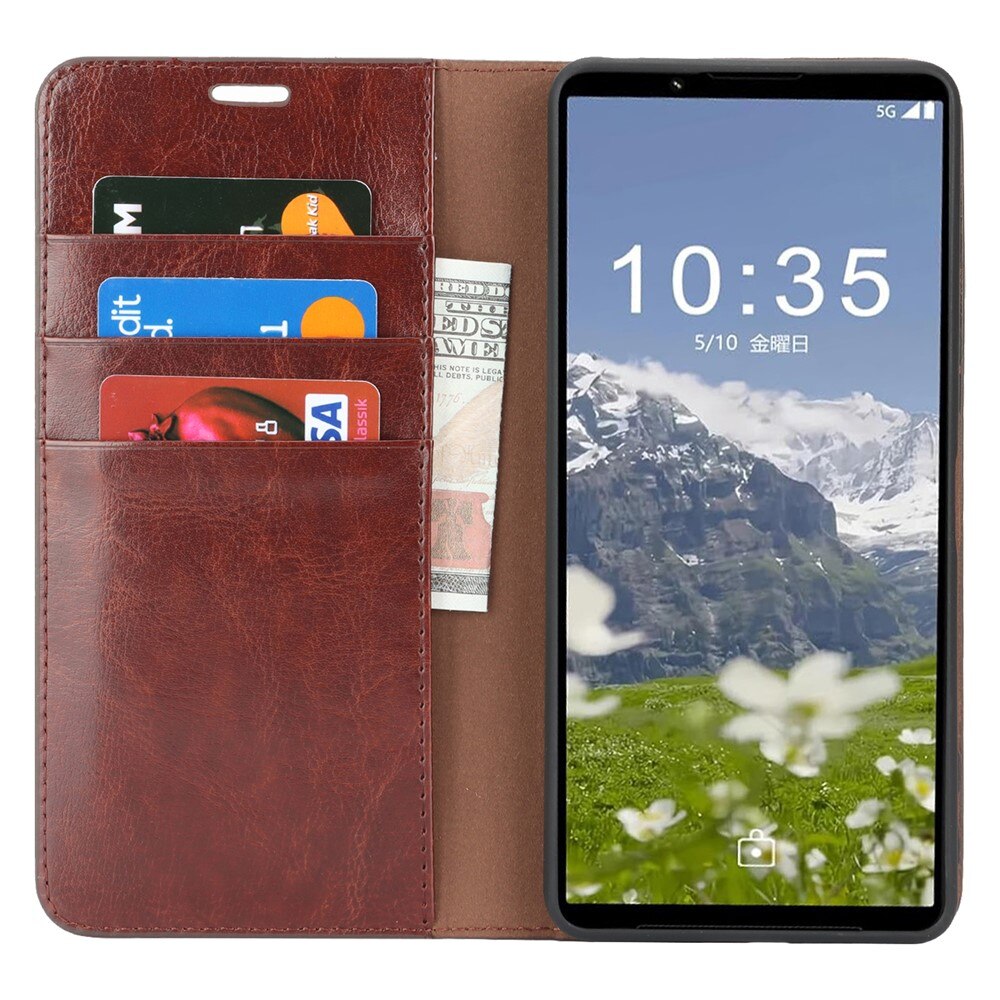 Sony Xperia 1 VII Genuine Leather Wallet Case Dark Brown