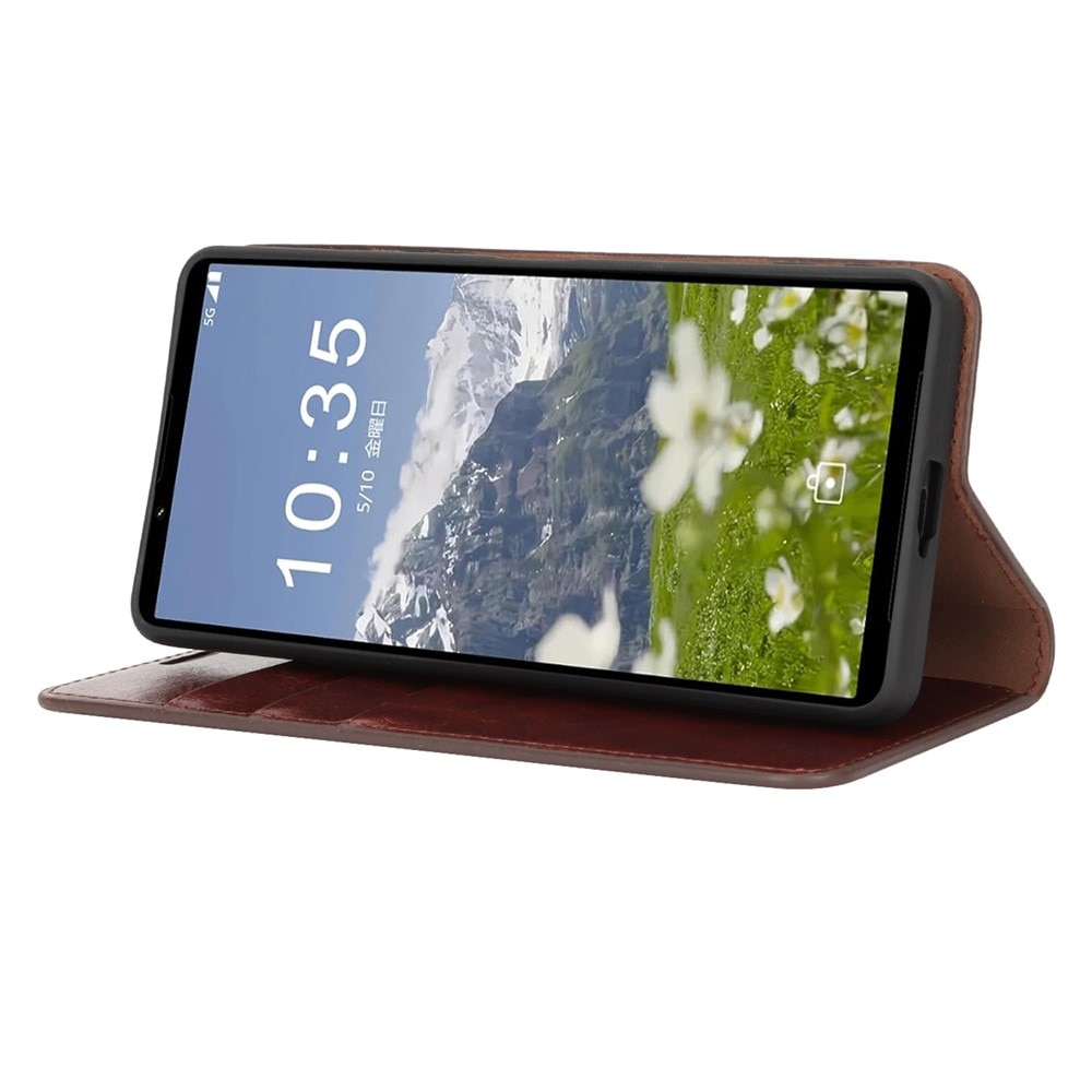 Sony Xperia 1 VII Genuine Leather Wallet Case Dark Brown