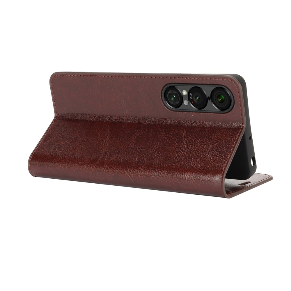Sony Xperia 1 VII Genuine Leather Wallet Case Dark Brown