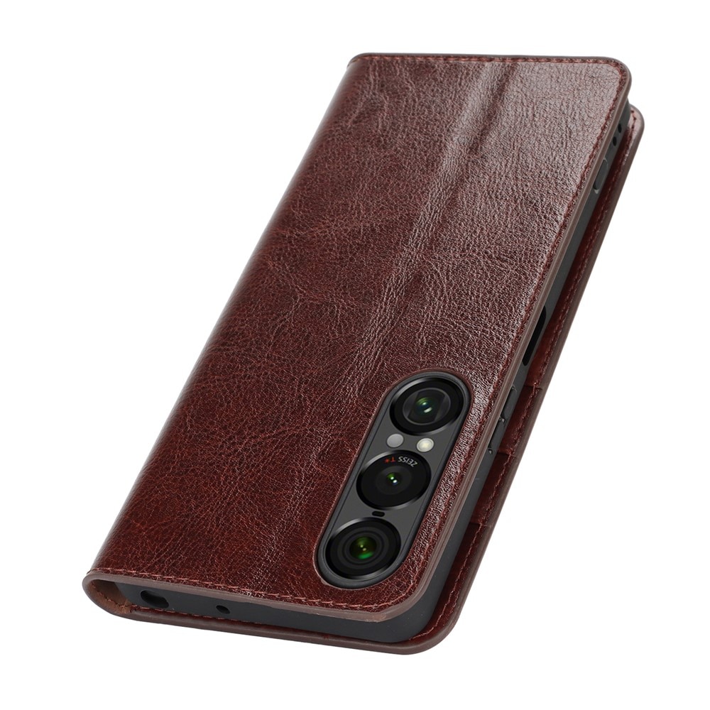 Sony Xperia 1 VII Genuine Leather Wallet Case Dark Brown