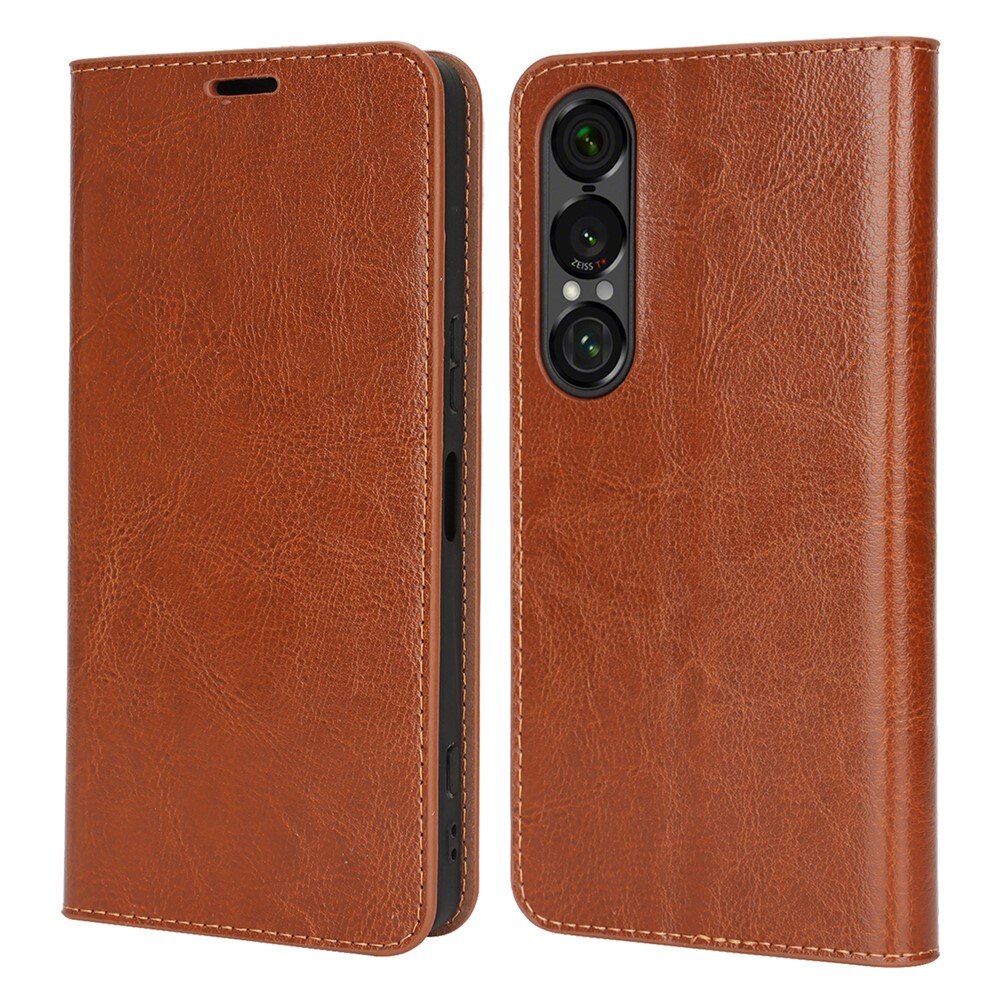 Sony Xperia 1 VII Genuine Leather Wallet Case Brown