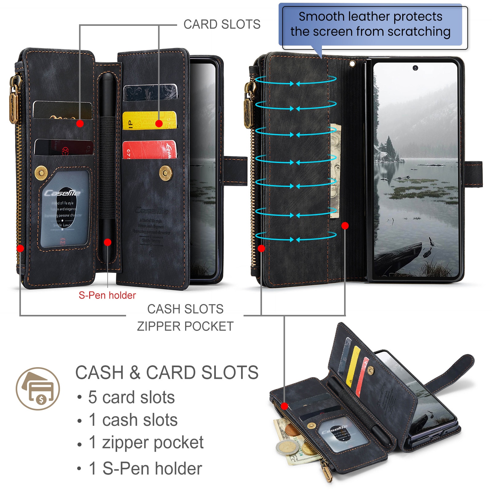 Samsung Galaxy Z Fold 7 Zipper Wallet Book Cover Black