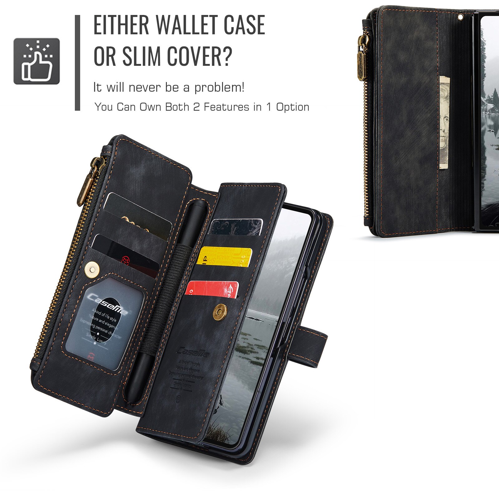 Samsung Galaxy Z Fold 7 Zipper Wallet Book Cover Black