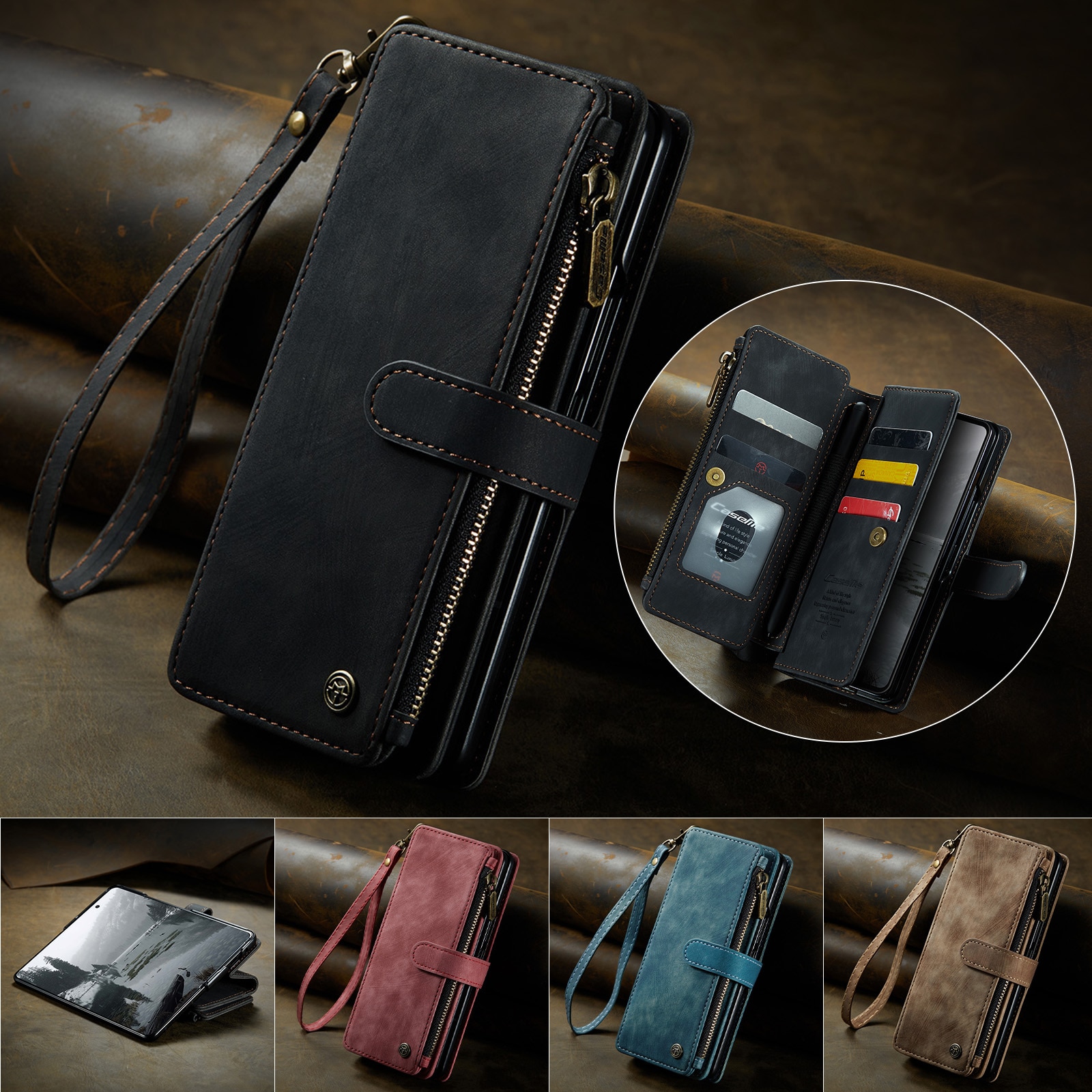 Samsung Galaxy Z Fold 7 Zipper Wallet Book Cover Black