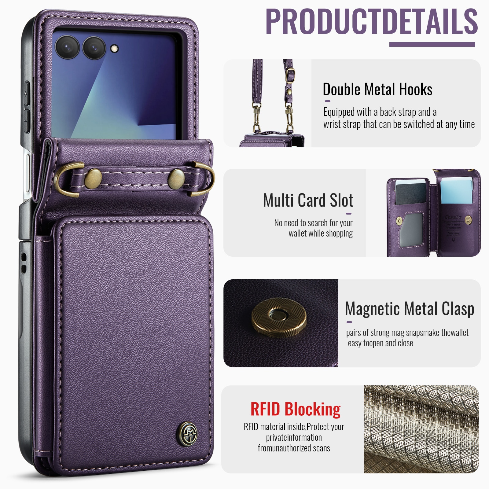 Samsung Galaxy Z Flip 7 RFID blocking Wallet Cover Purple