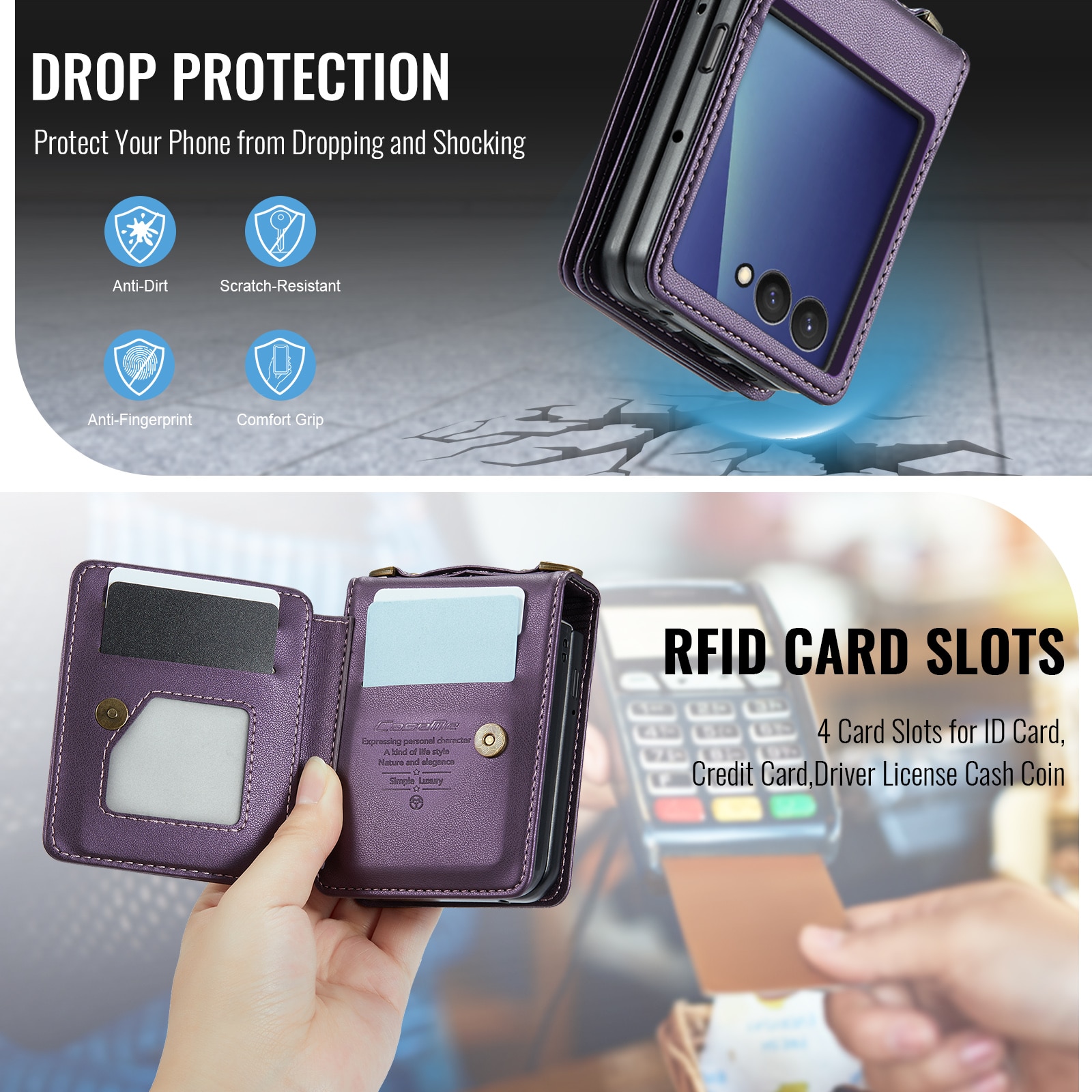 Samsung Galaxy Z Flip 7 RFID blocking Wallet Cover Purple
