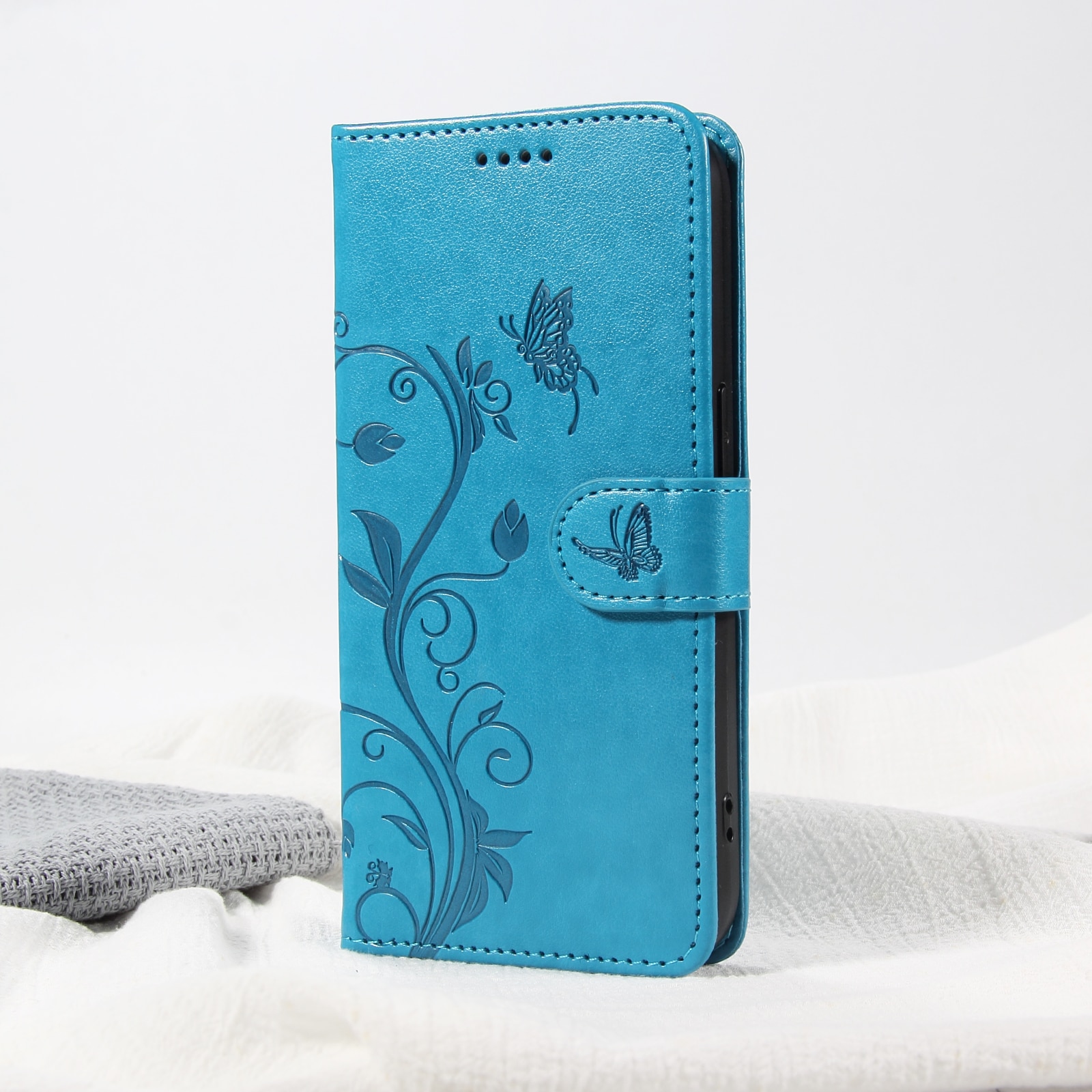 Oppo Reno 14 F Leather Cover Imprinted Butterflies Blue