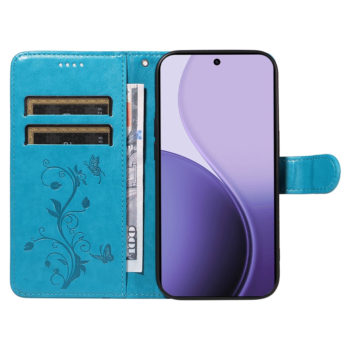 Oppo Reno 14 F Leather Cover Imprinted Butterflies Blue