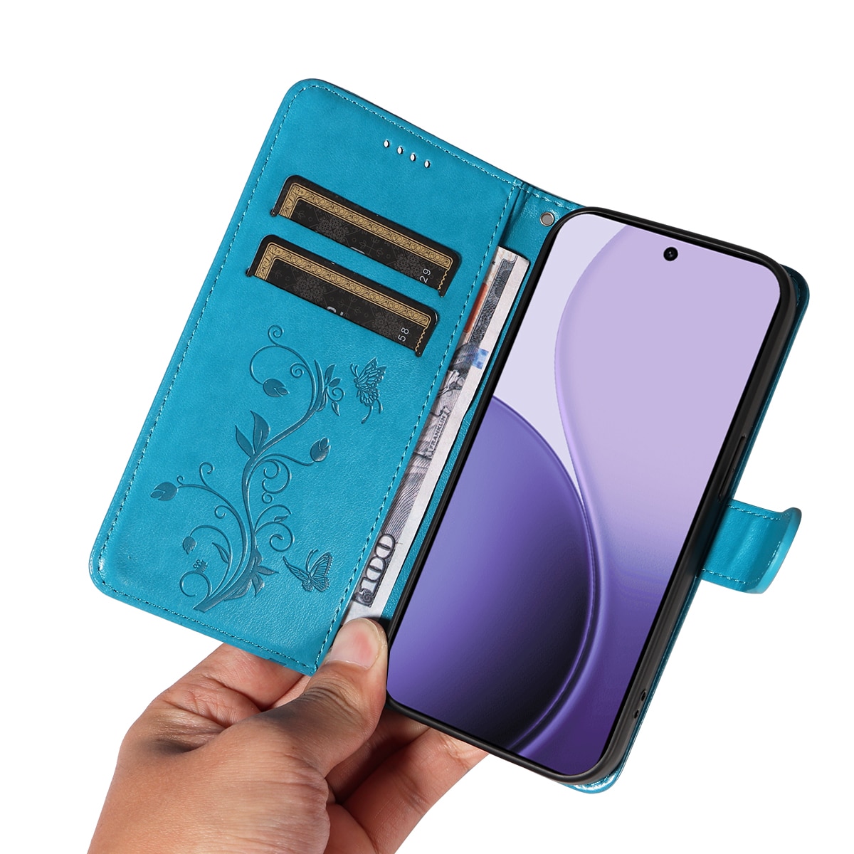 Oppo Reno 14 F Leather Cover Imprinted Butterflies Blue