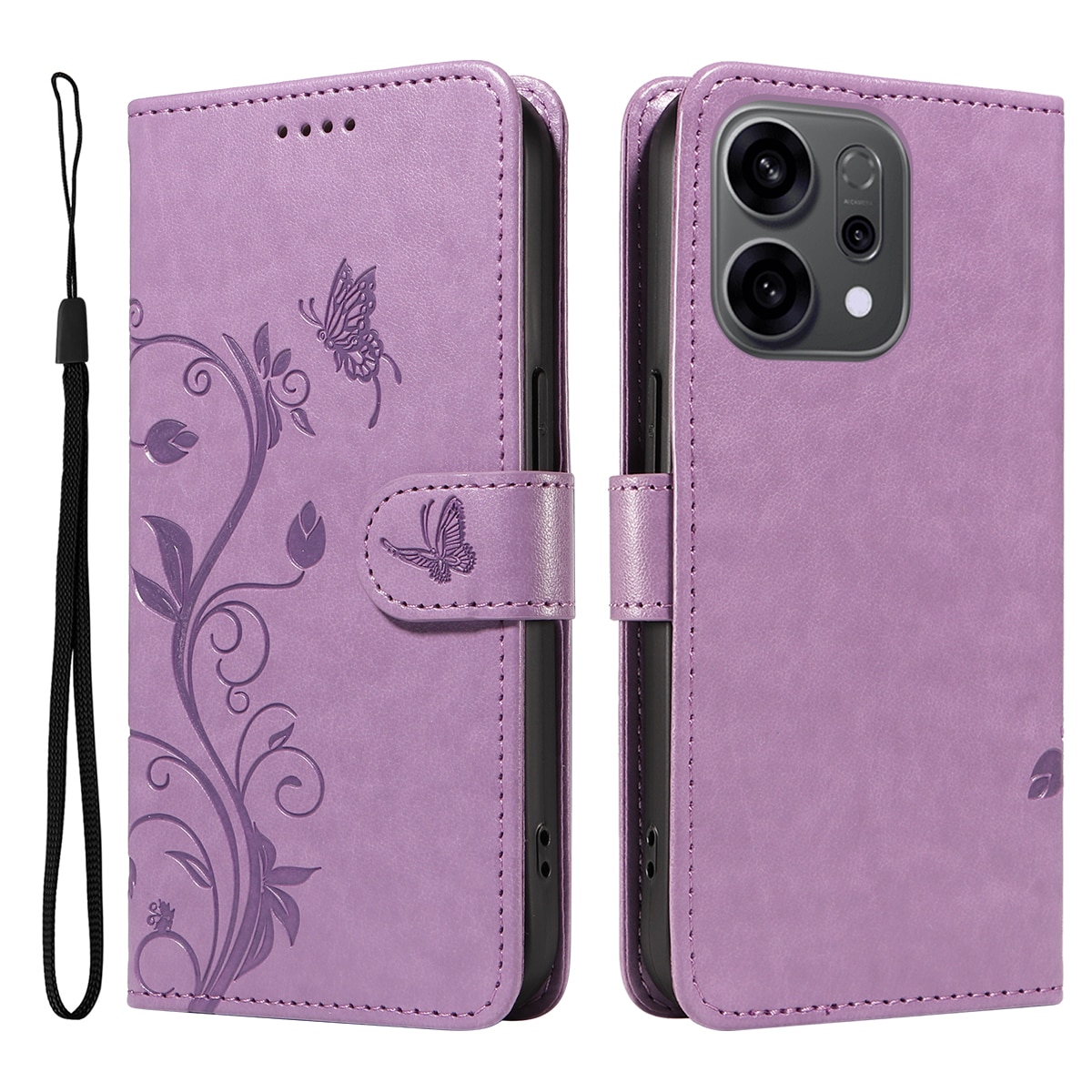 Oppo Reno 14 Leather Cover Imprinted Butterflies Purple