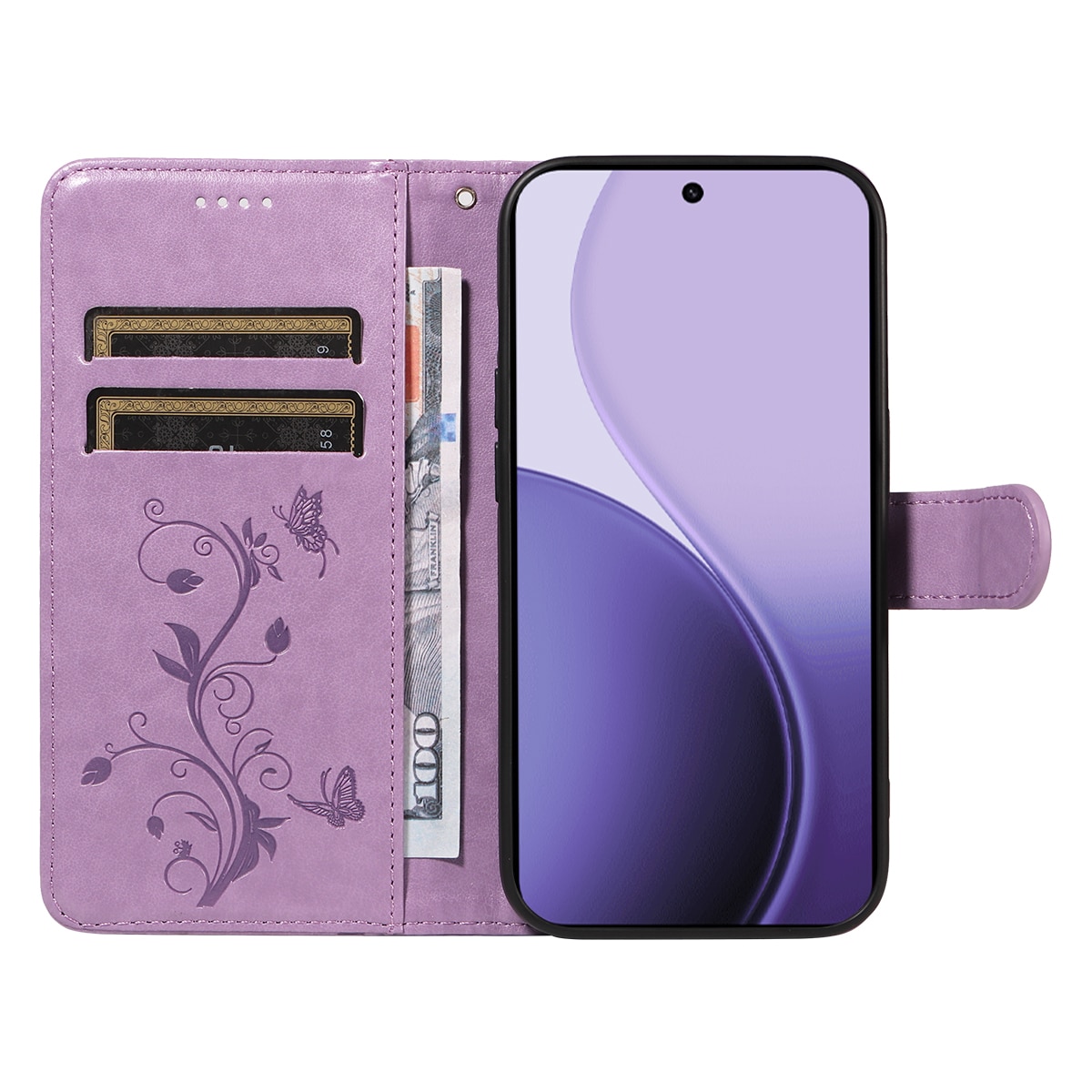 Oppo Reno 14 Leather Cover Imprinted Butterflies Purple
