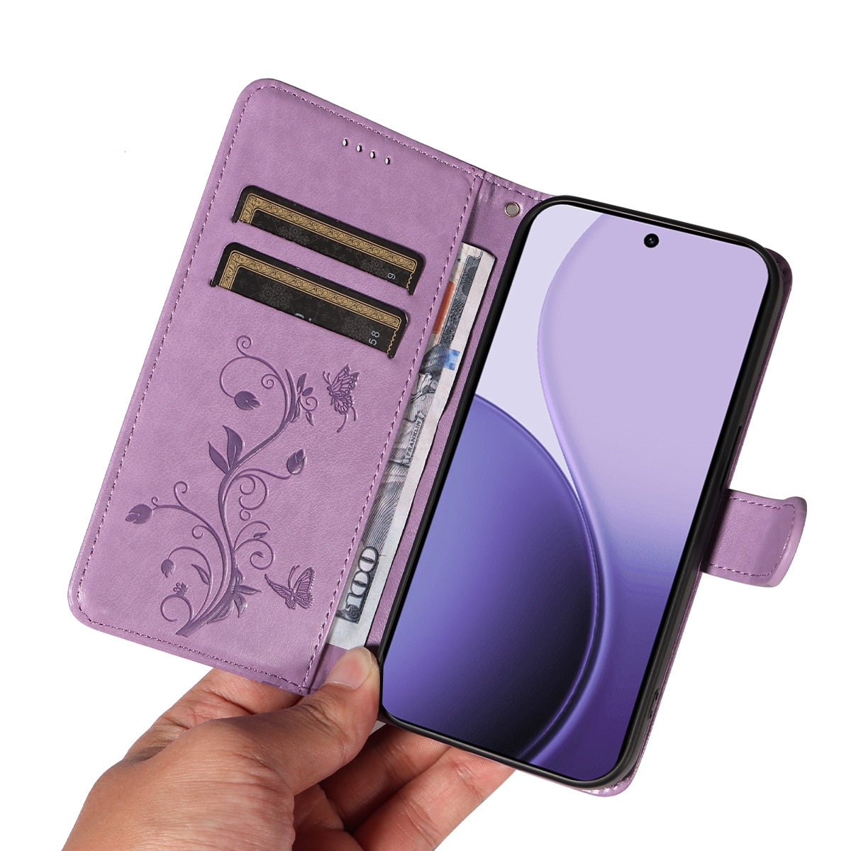 Oppo Reno 14 Leather Cover Imprinted Butterflies Purple
