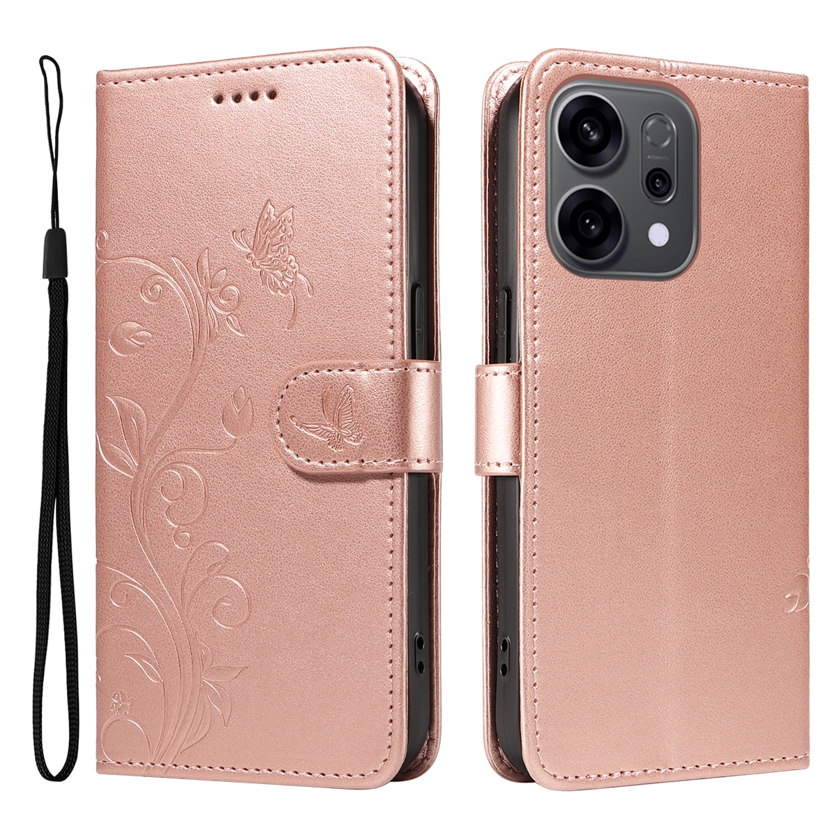 Oppo Reno 14 F Leather Cover Imprinted Butterflies Rose Gold