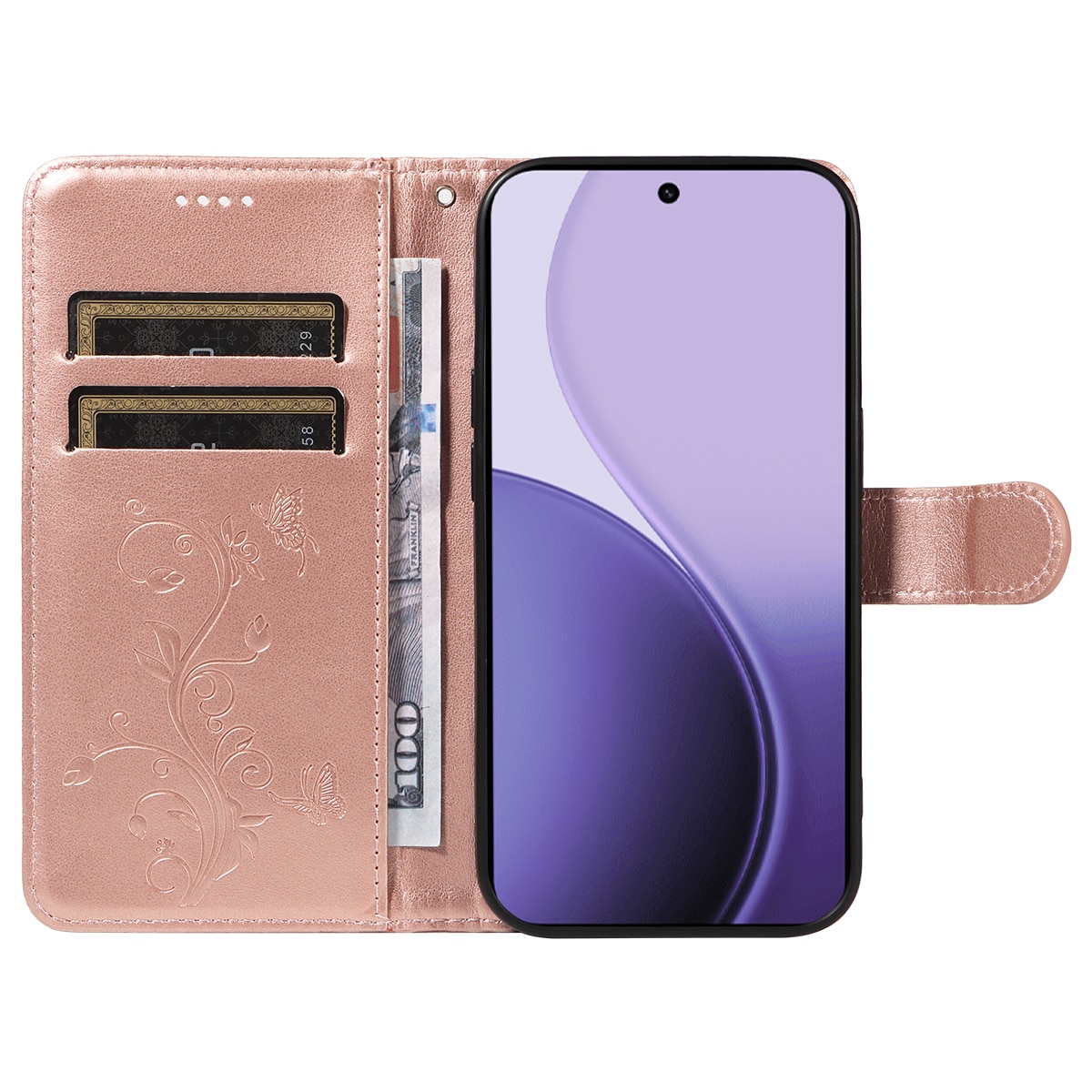 Oppo Reno 14 F Leather Cover Imprinted Butterflies Rose Gold