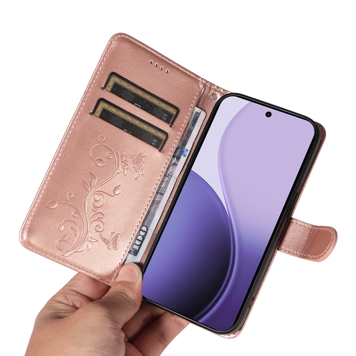 Oppo Reno 14 F Leather Cover Imprinted Butterflies Rose Gold