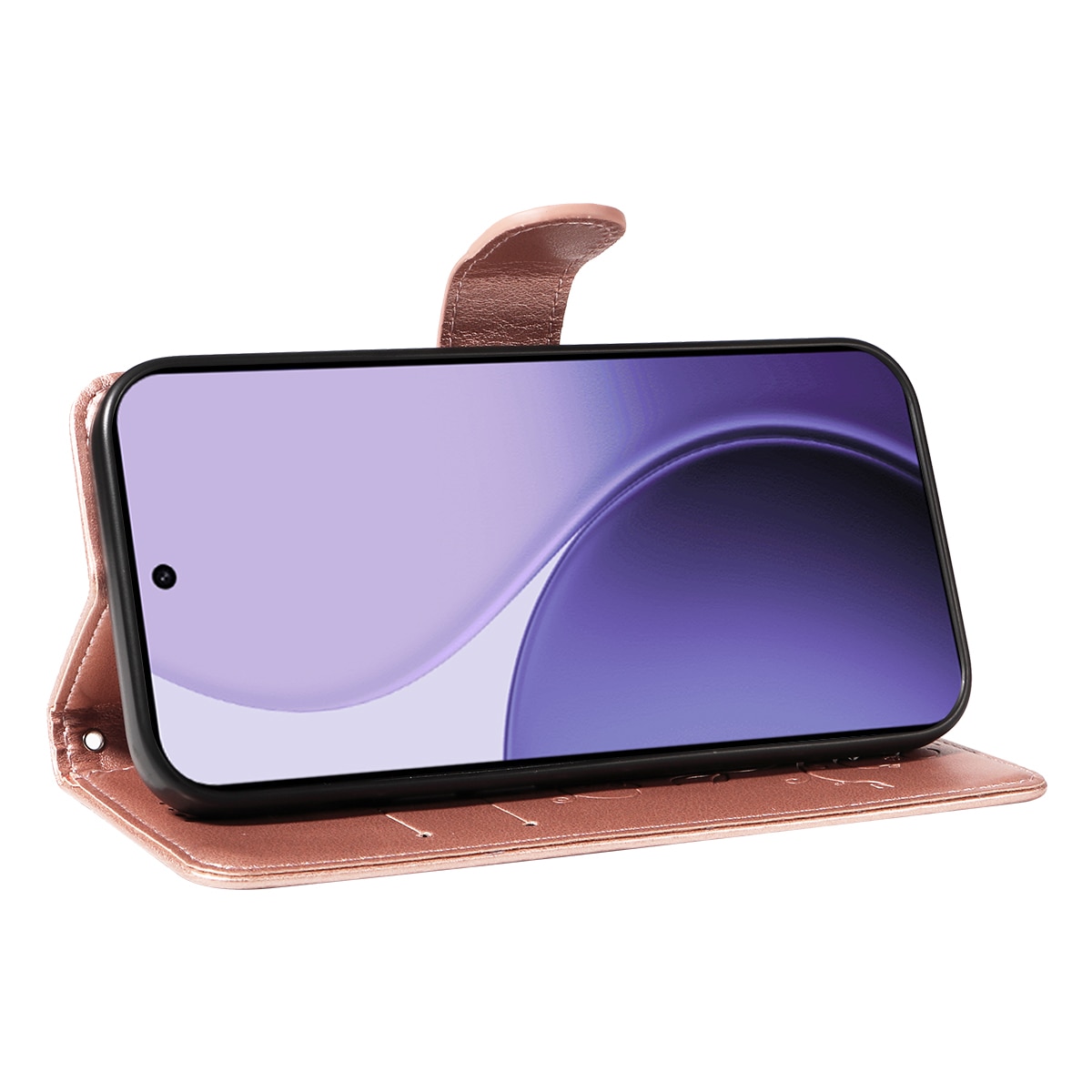 Oppo Reno 14 F Leather Cover Imprinted Butterflies Rose Gold