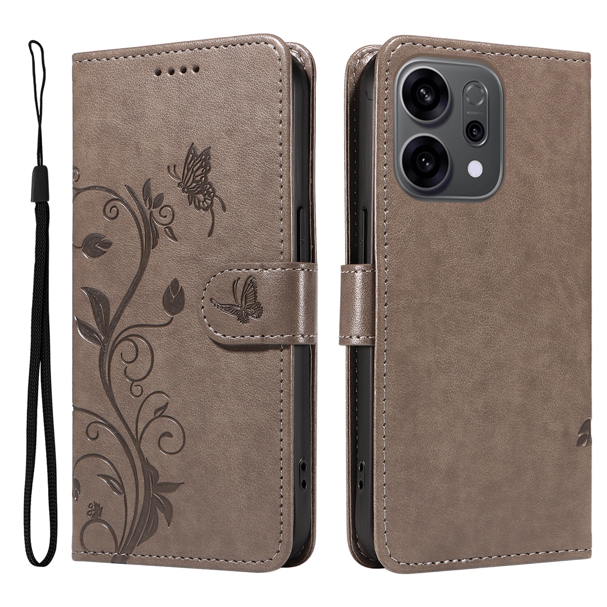 Oppo Reno 14 F Leather Cover Imprinted Butterflies Grey
