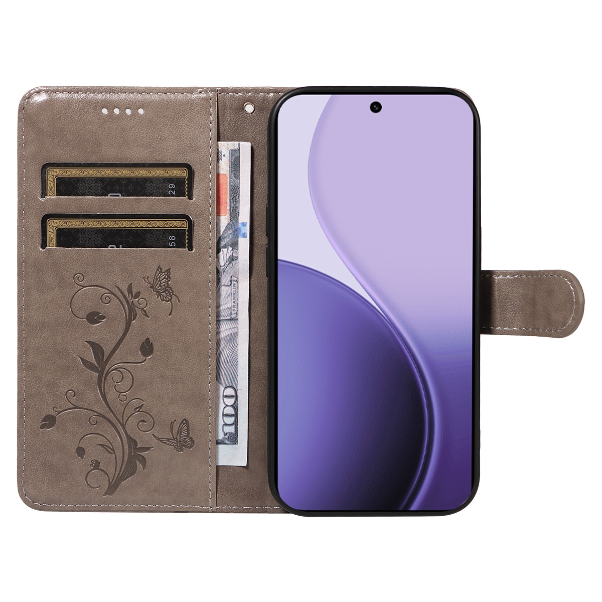 Oppo Reno 14 F Leather Cover Imprinted Butterflies Grey
