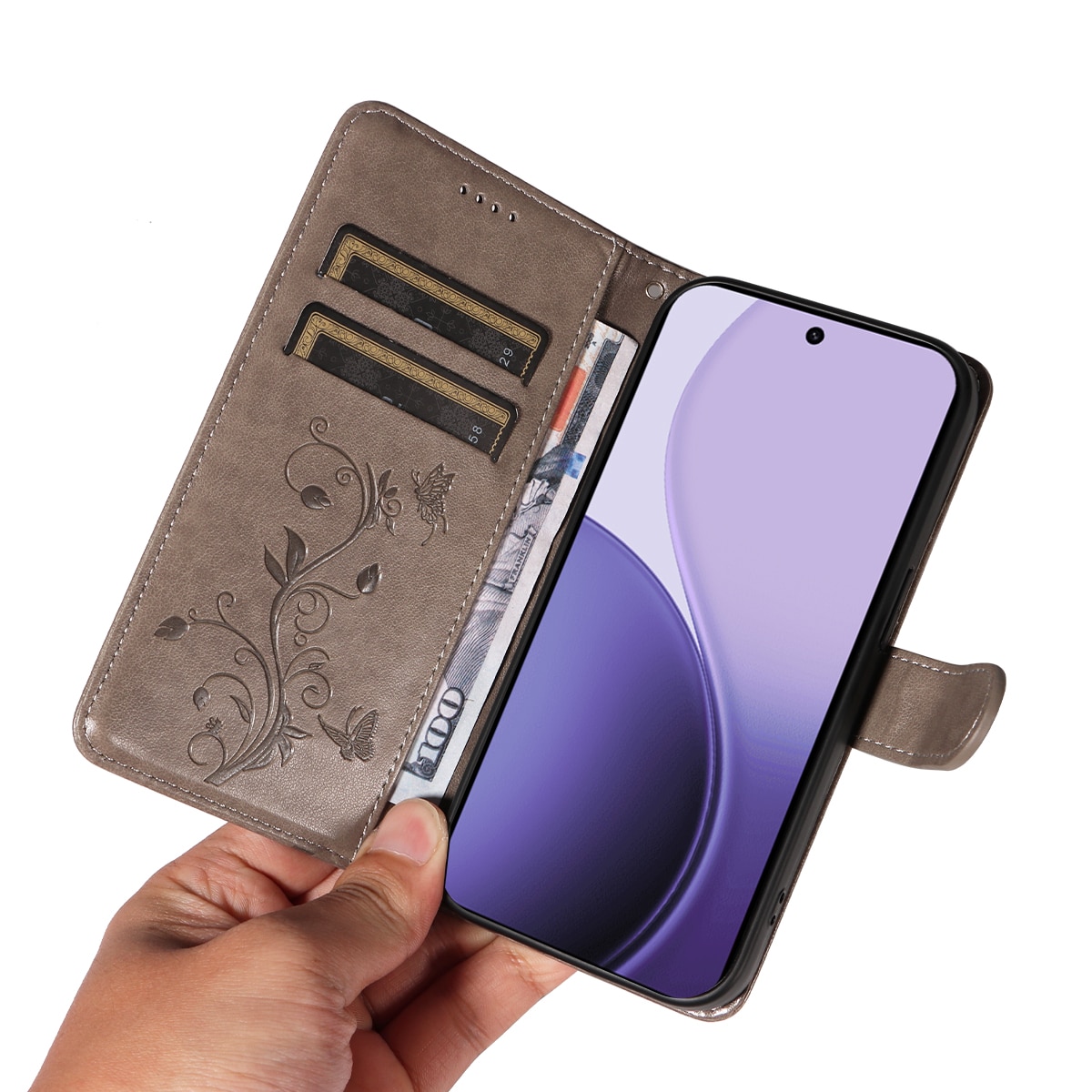Oppo Reno 14 F Leather Cover Imprinted Butterflies Grey