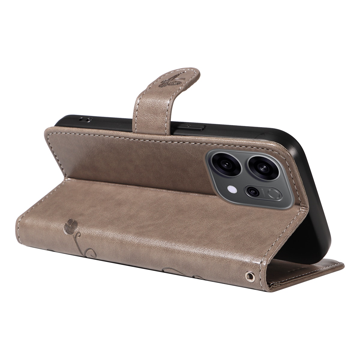 Oppo Reno 14 F Leather Cover Imprinted Butterflies Grey