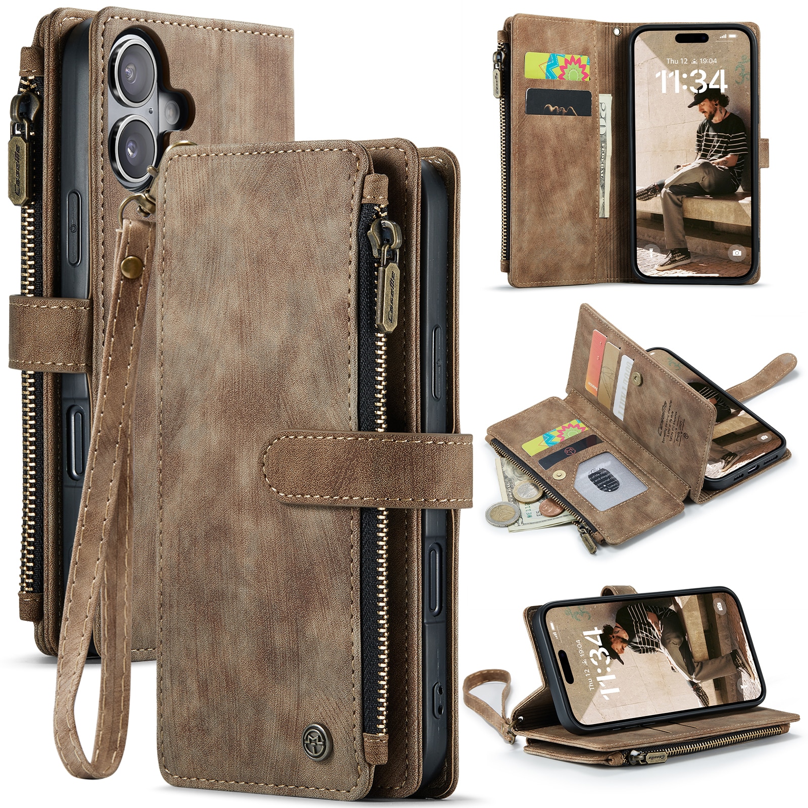 iPhone 17 Zipper Wallet Book Cover Brown