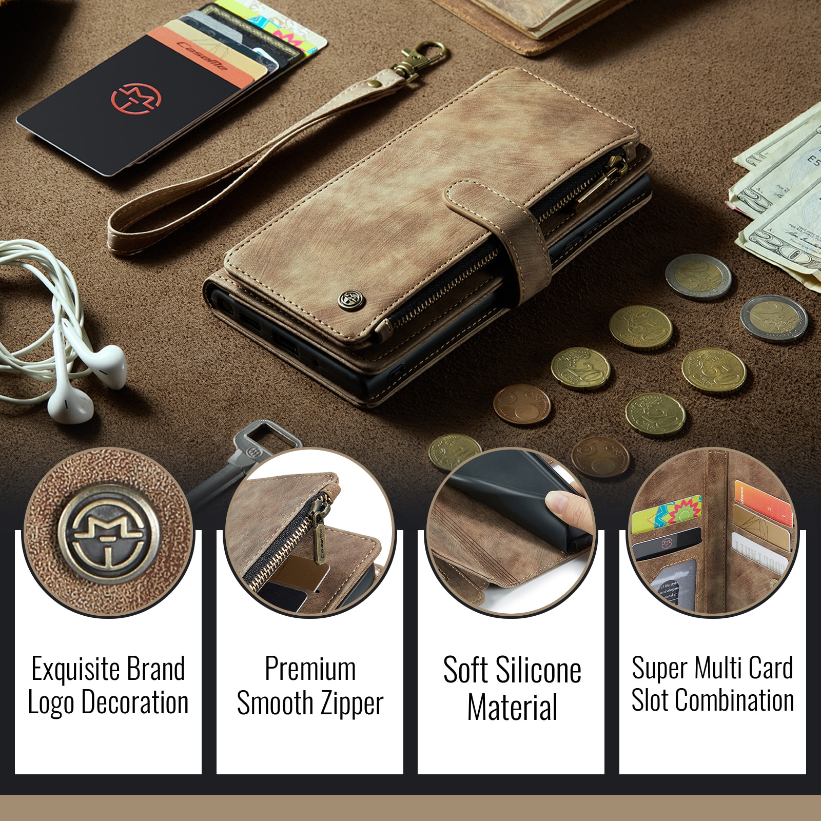 iPhone 17 Zipper Wallet Book Cover Brown