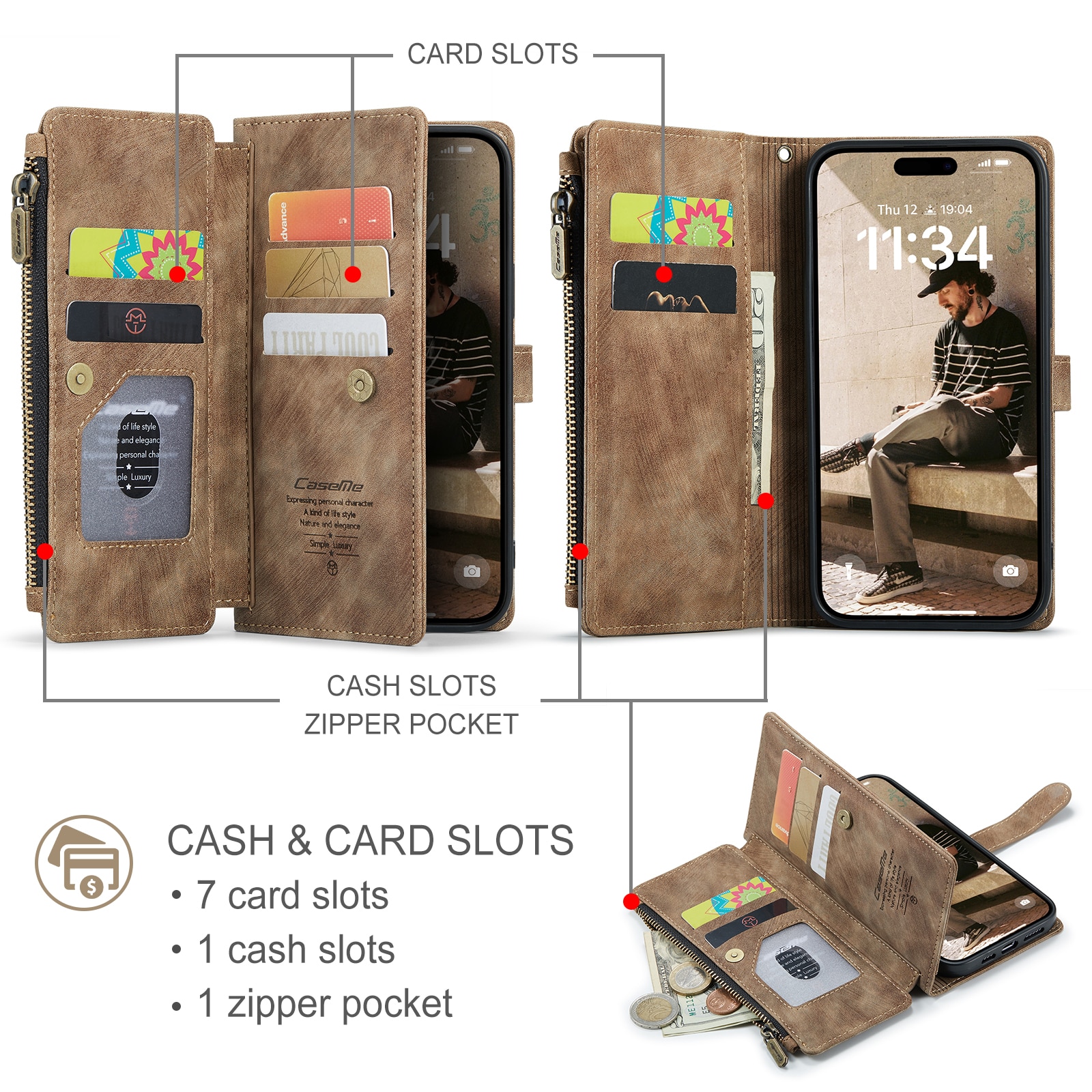 iPhone 17 Zipper Wallet Book Cover Brown
