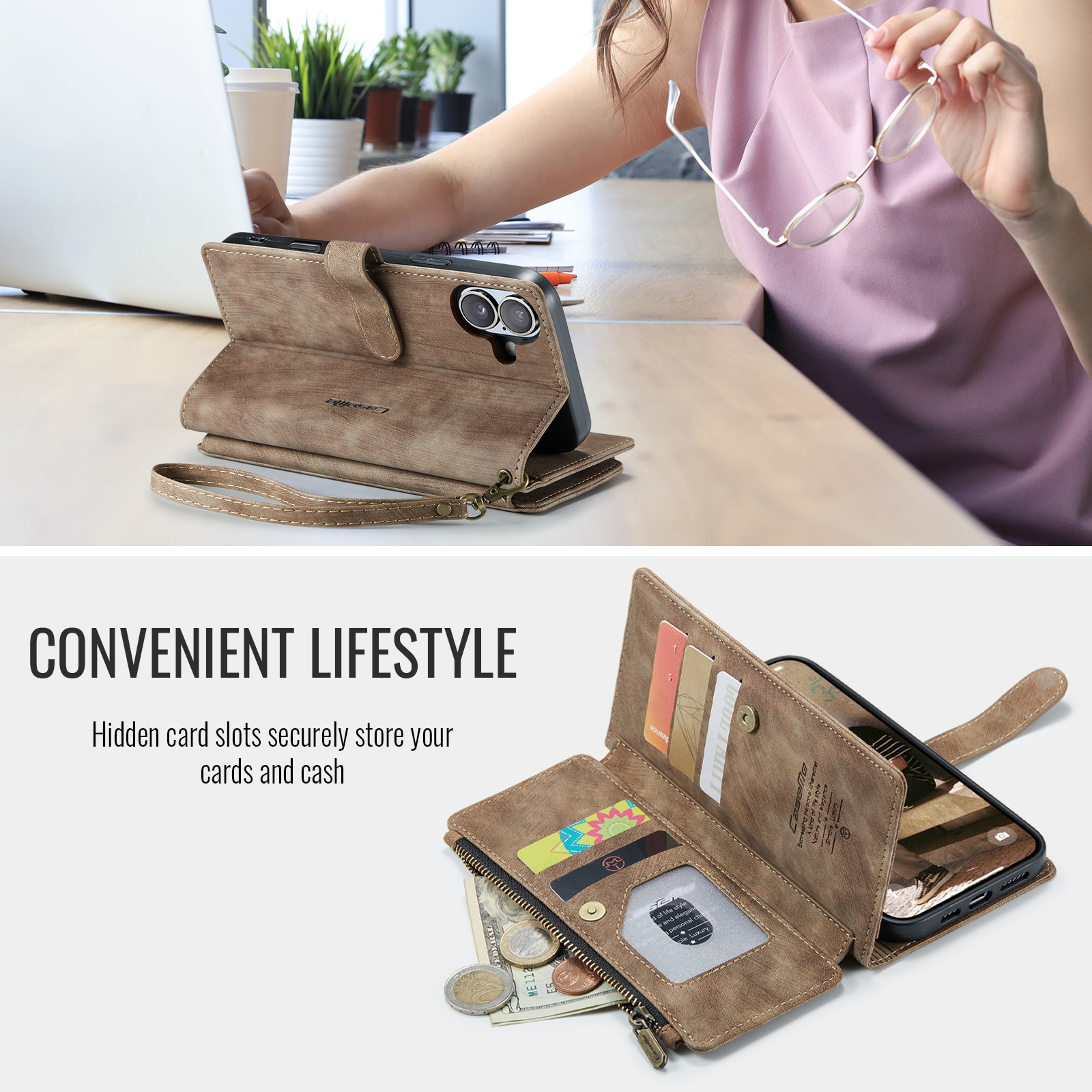 iPhone 17 Zipper Wallet Book Cover Brown