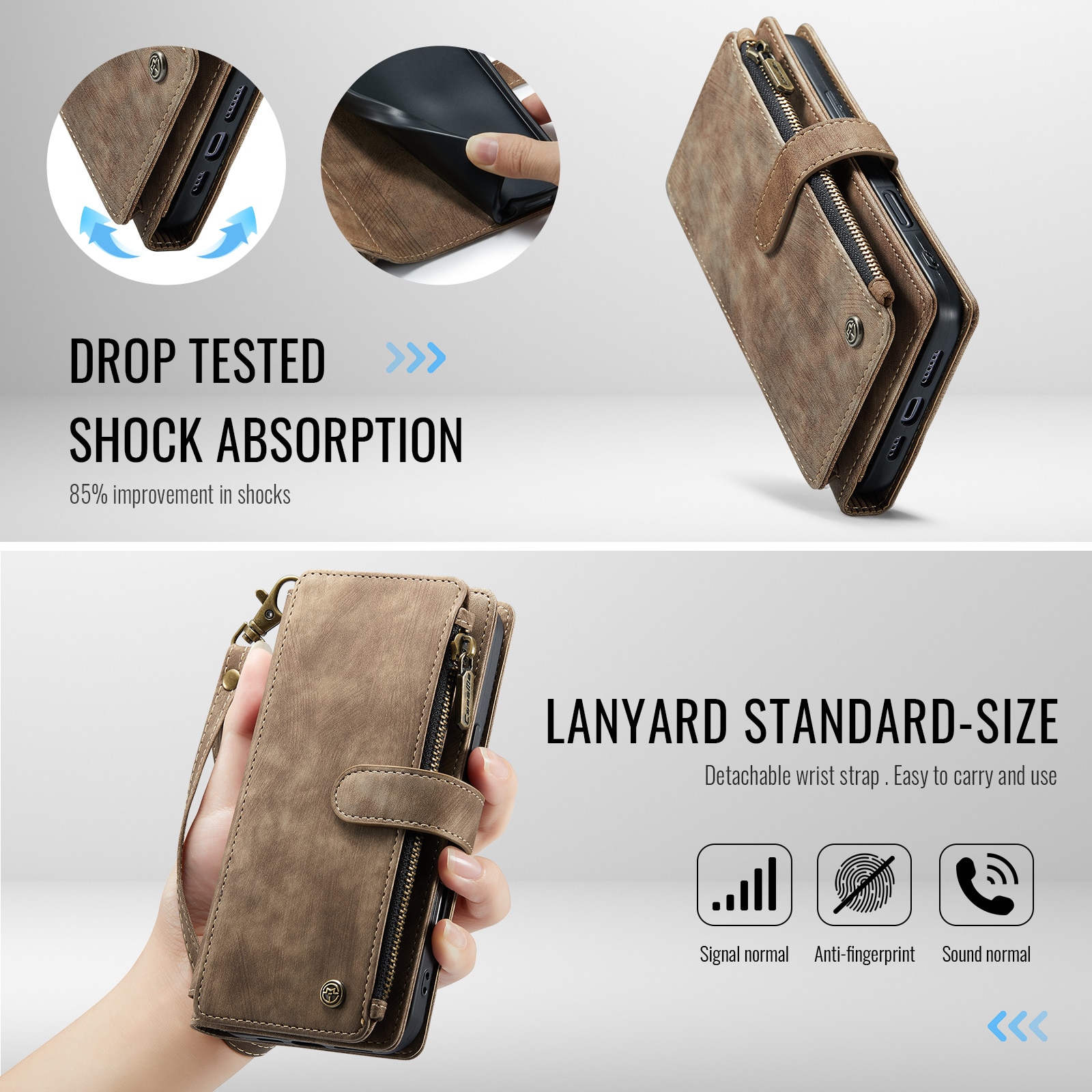iPhone 17 Zipper Wallet Book Cover Brown